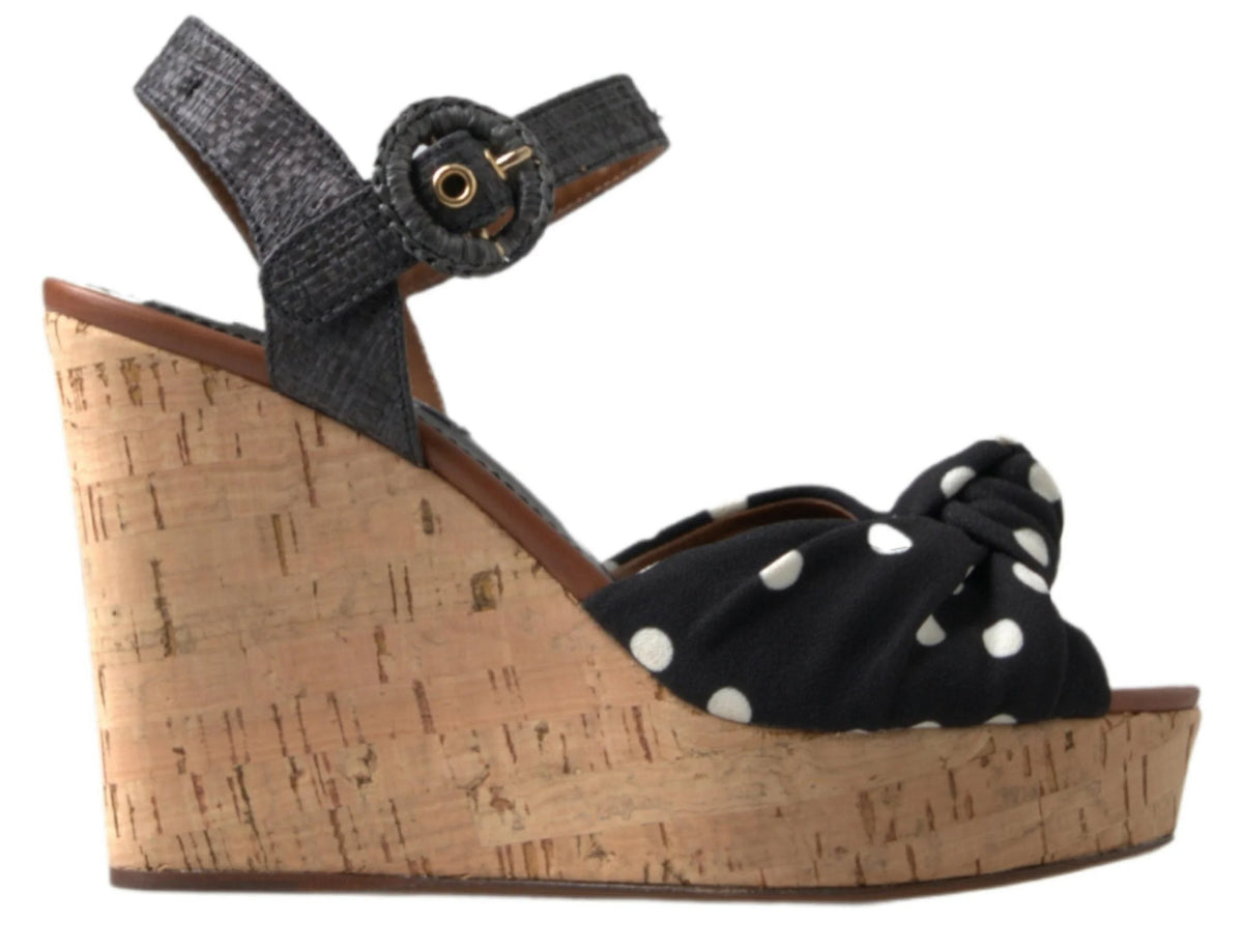 Dolce & Gabbana Black Wedges Polka Dotted Ankle Strap Shoes Sandals - Sandals