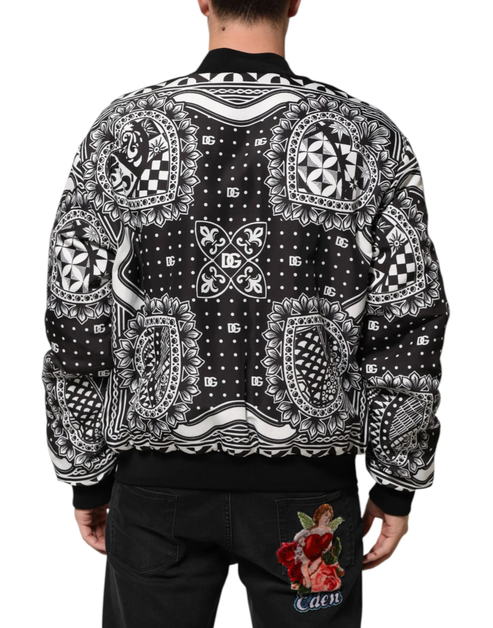 Chaqueta Bomber para Hombre con Estampado de Bandana Blanco y Negro de Dolce & Gabbana
