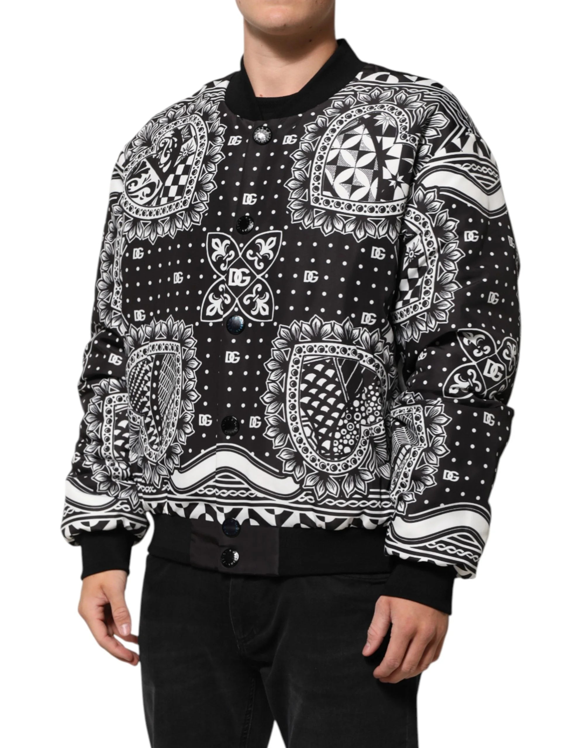 Chaqueta Bomber para Hombre con Estampado de Bandana Blanco y Negro de Dolce & Gabbana