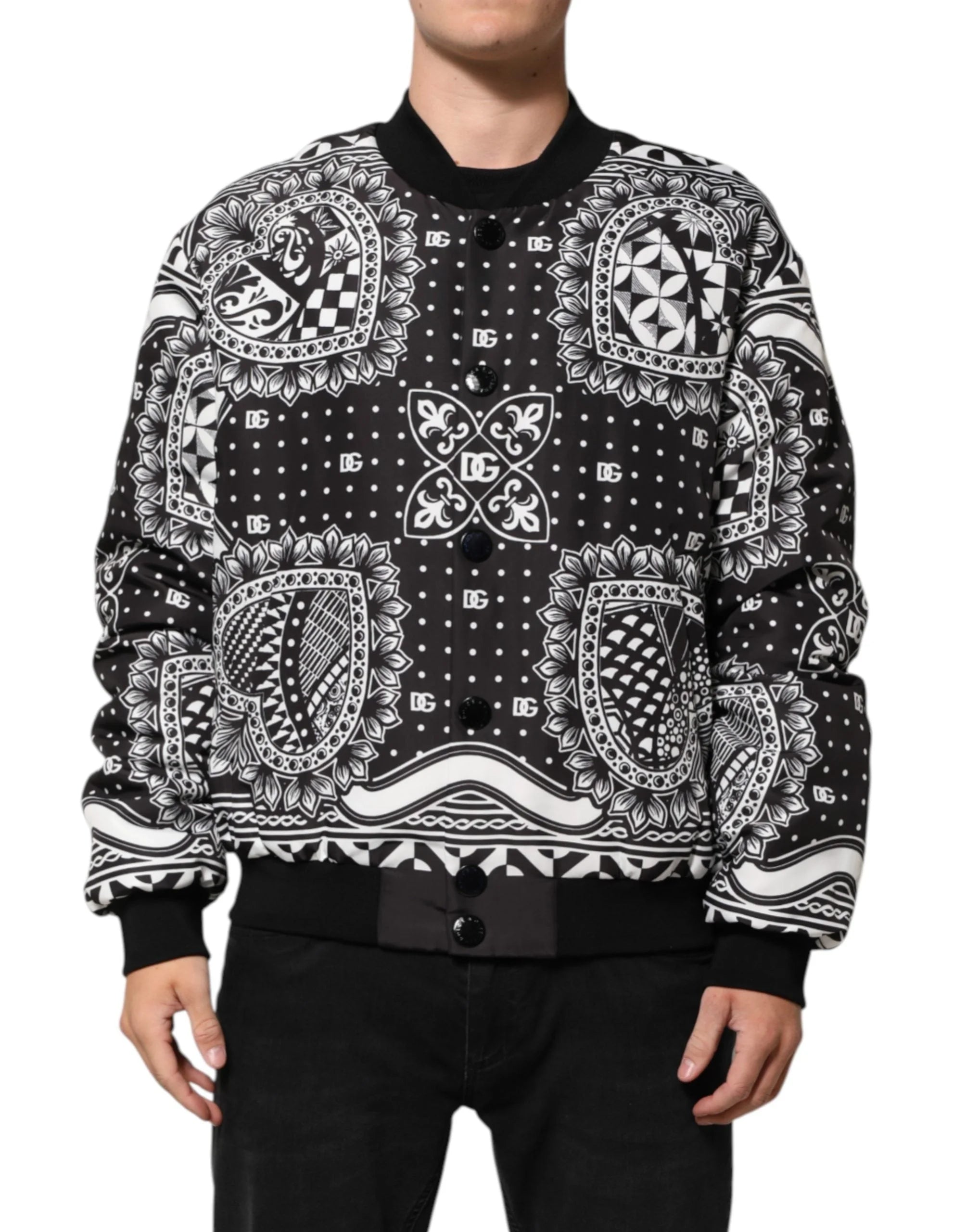 Chaqueta Bomber para Hombre con Estampado de Bandana Blanco y Negro de Dolce & Gabbana