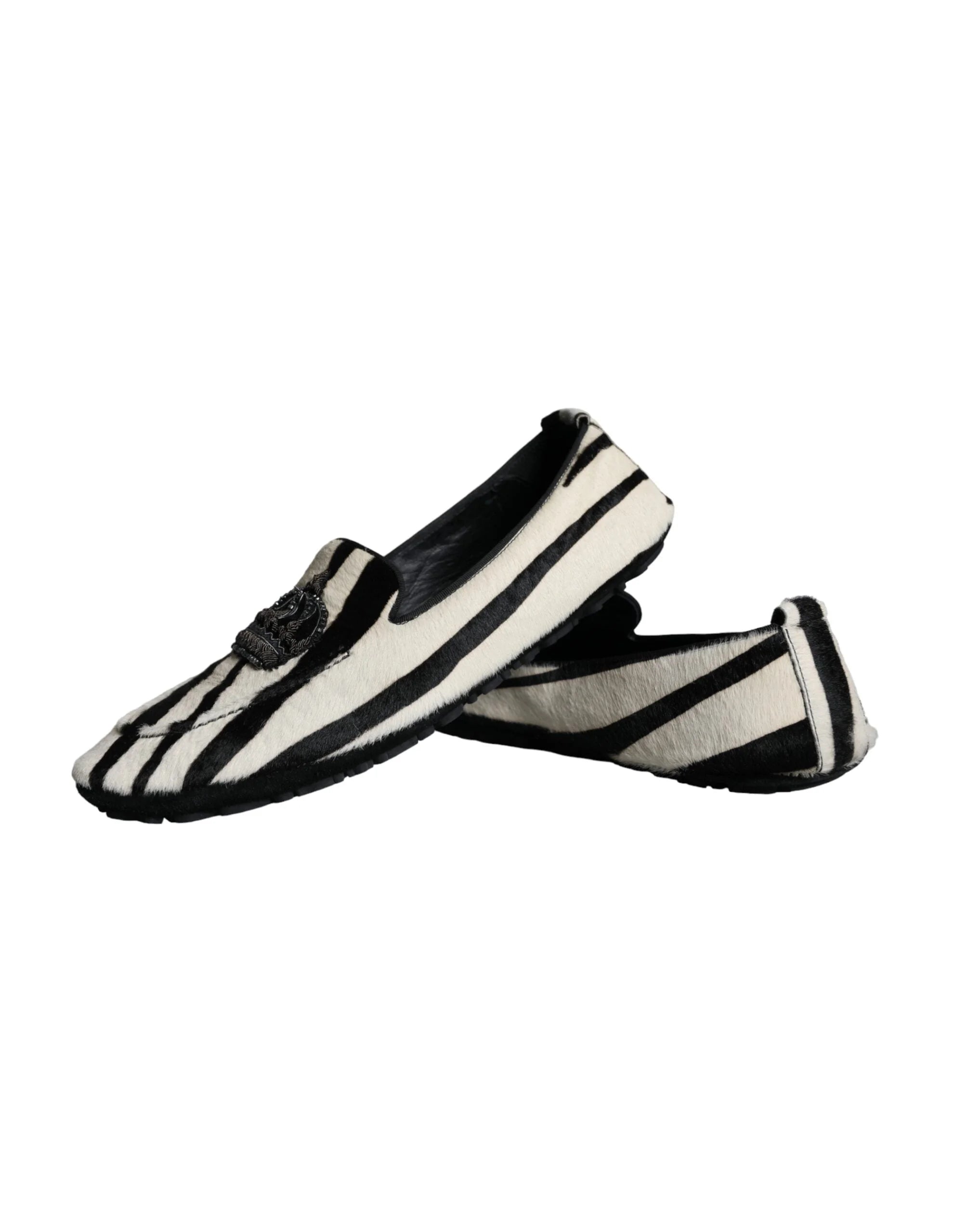 Dolce & Gabbana Black White Calf Fur Slip On Loafers Men Shoes - EU41/US8 - Flats