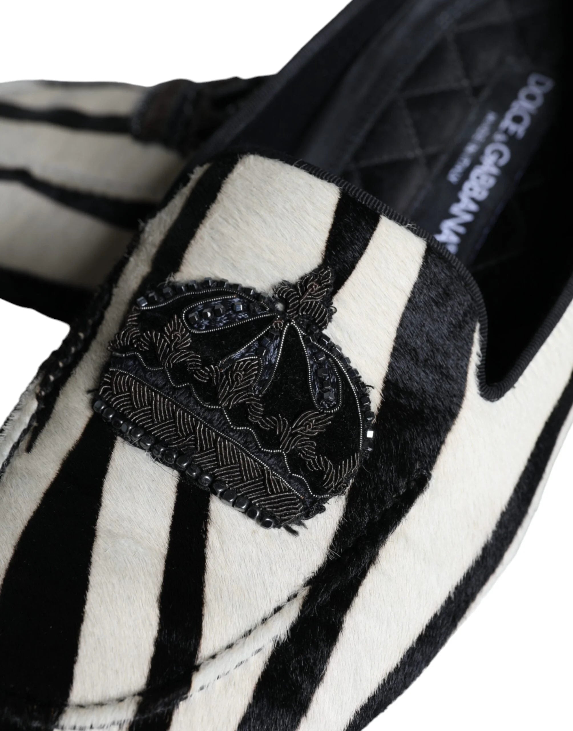 Dolce & Gabbana Black White Calf Fur Slip On Loafers Men Shoes - EU41/US8 - Flats