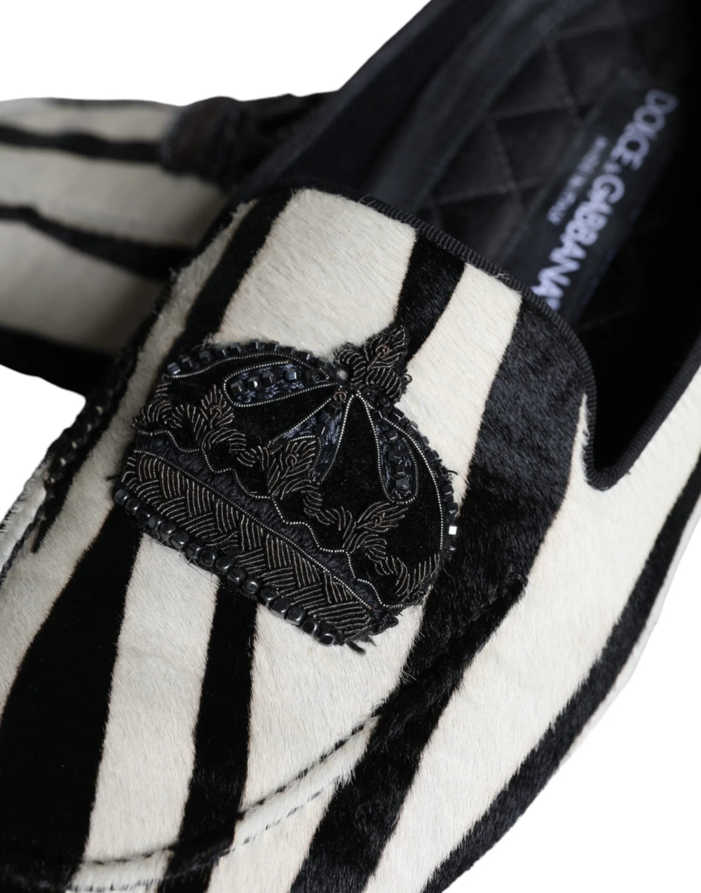 Dolce & Gabbana Black White Calf Fur Slip On Loafers Men Shoes - EU41/US8 - Flats