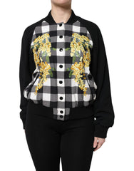 Dolce & Gabbana Black White Check Floral Button Down Jacket - Bomber Jackets