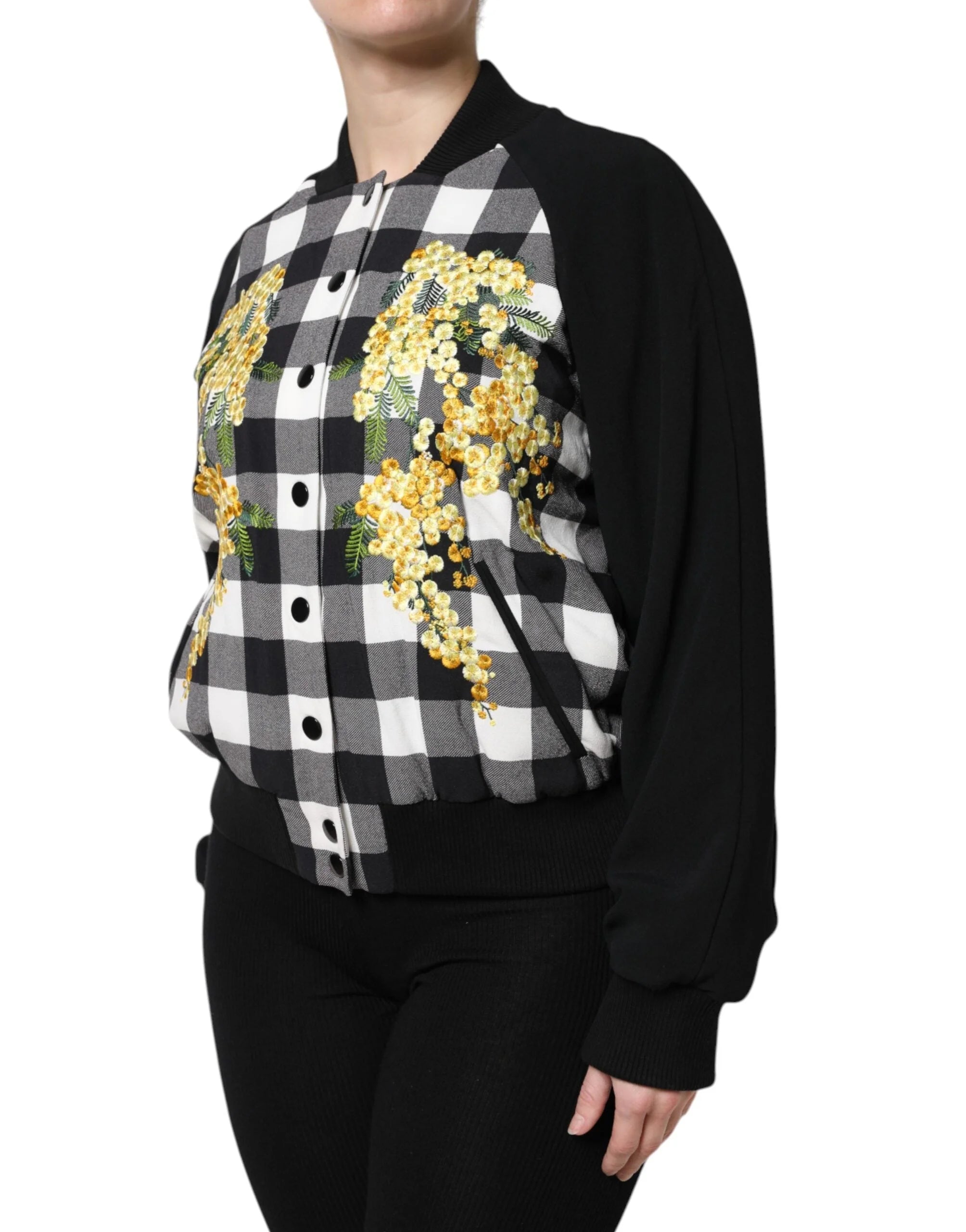 Dolce & Gabbana Black White Check Floral Button Down Jacket - Bomber Jackets
