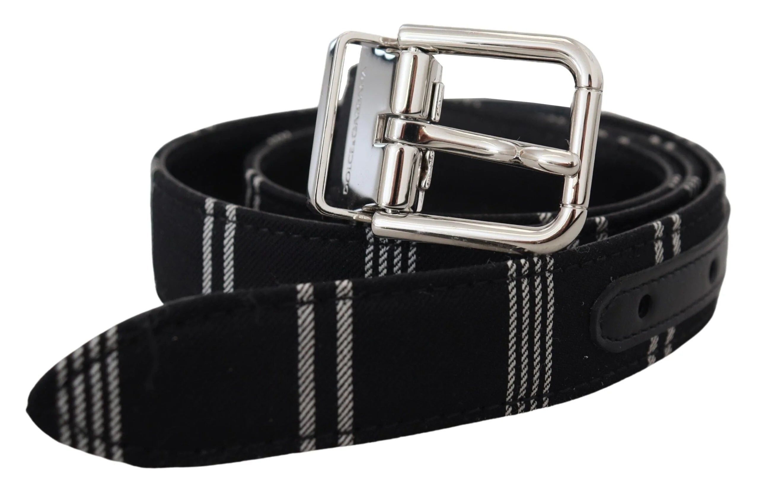 Dolce & Gabbana Black White Cotton Metal Silver Buckle Belt - 75 cm / 29,5 Inches - Belts