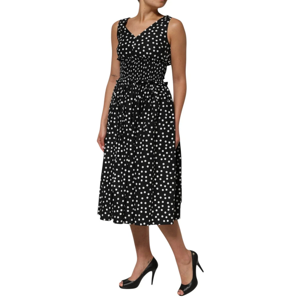 Dolce & Gabbana Black White Cotton Polka Dot Print V Neck Dress - IT40|S - Dresses