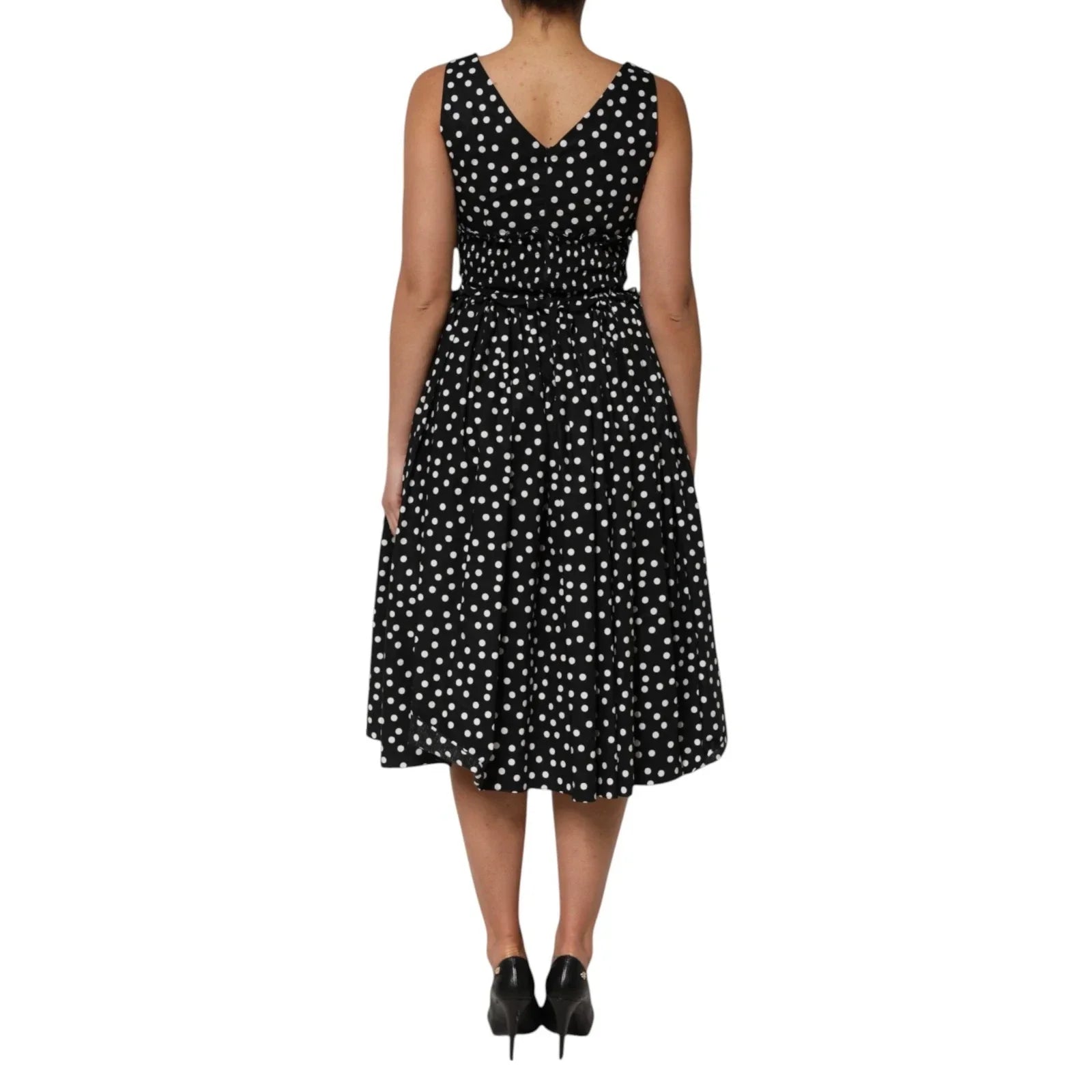 Dolce & Gabbana Black White Cotton Polka Dot Print V Neck Dress - IT40|S - Dresses