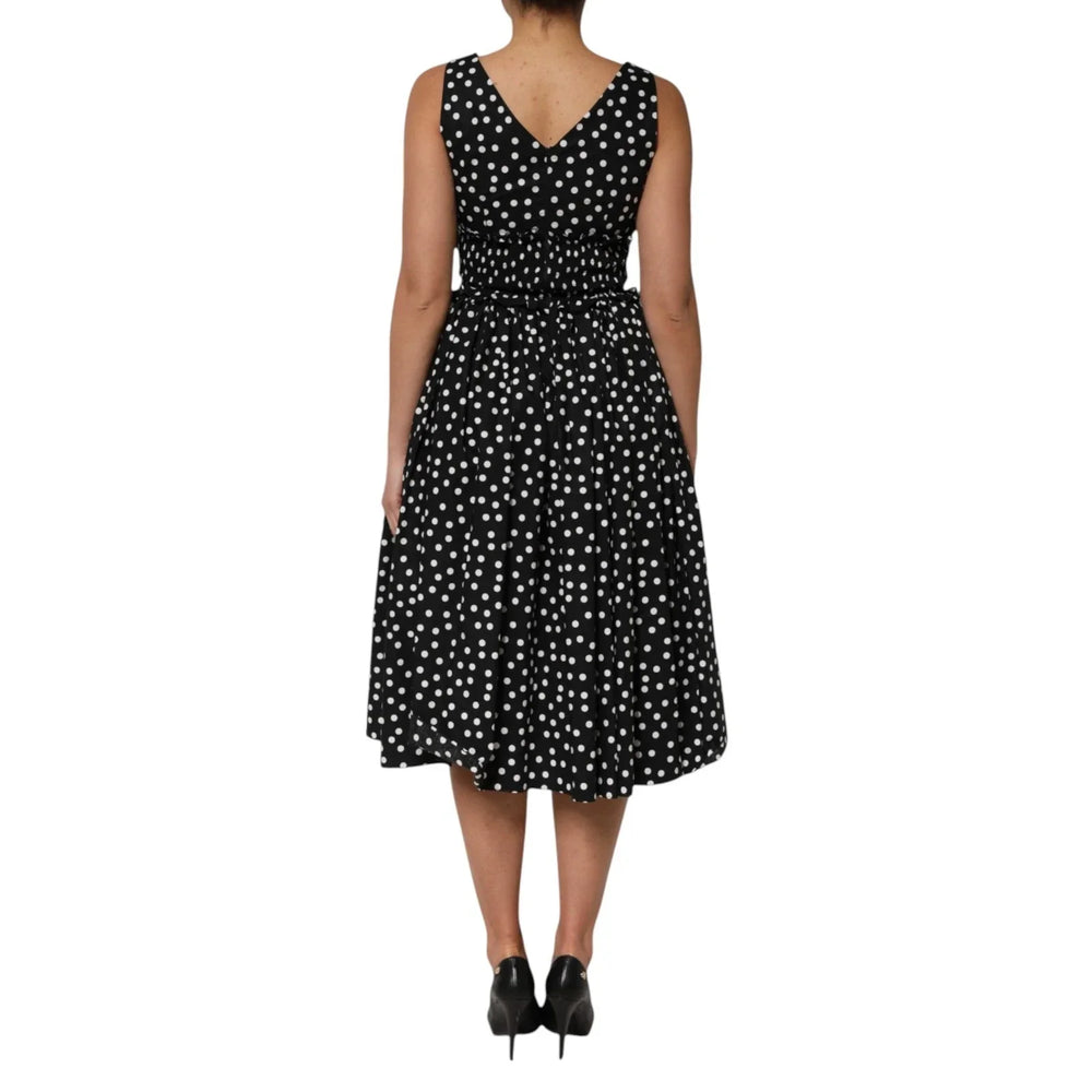 Dolce & Gabbana Black White Cotton Polka Dot Print V Neck Dress - IT40|S - Dresses