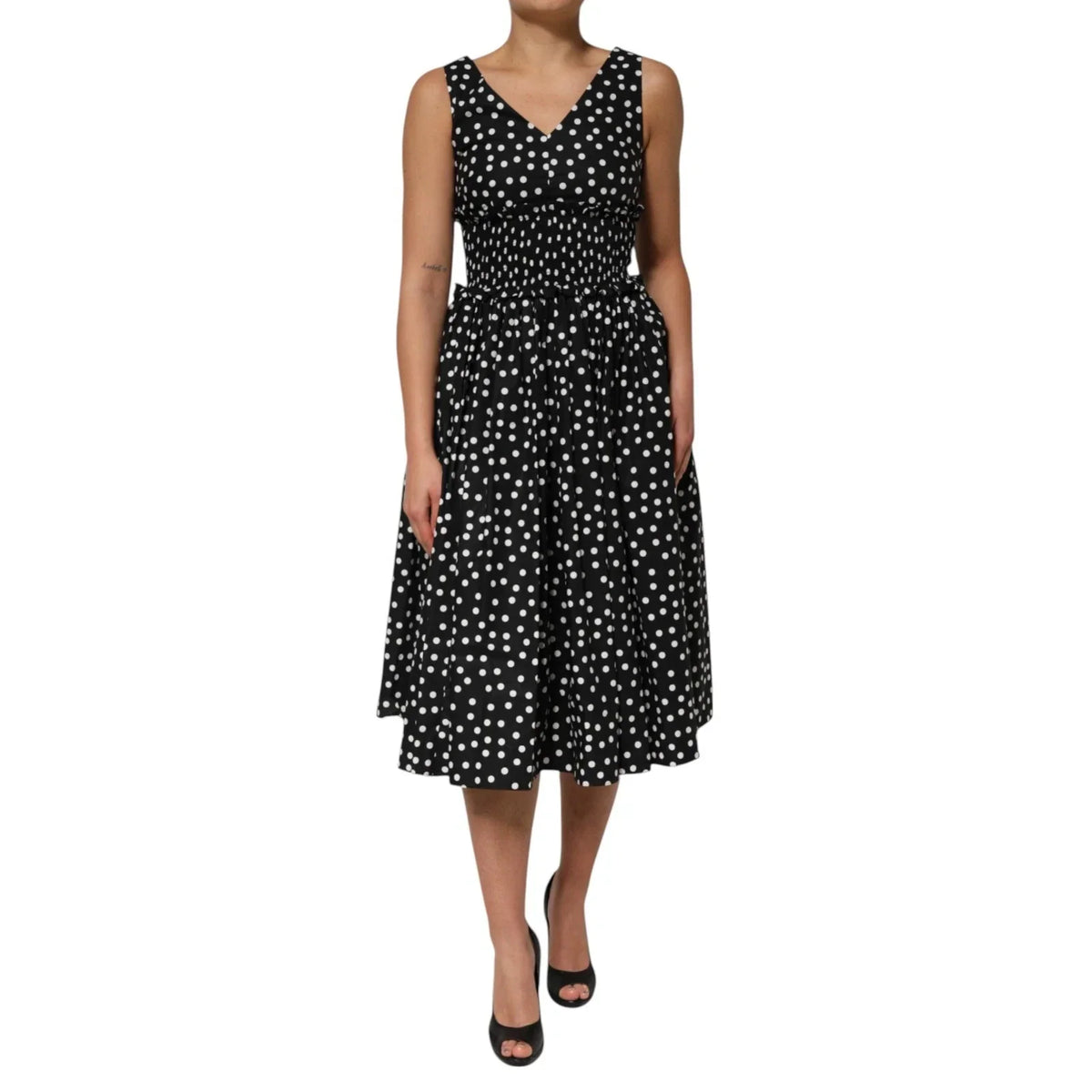 Dolce & Gabbana Black White Cotton Polka Dot Print V Neck Dress - IT40|S - Dresses