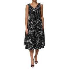 Dolce & Gabbana Black White Cotton Polka Dot Print V Neck Dress - IT40|S