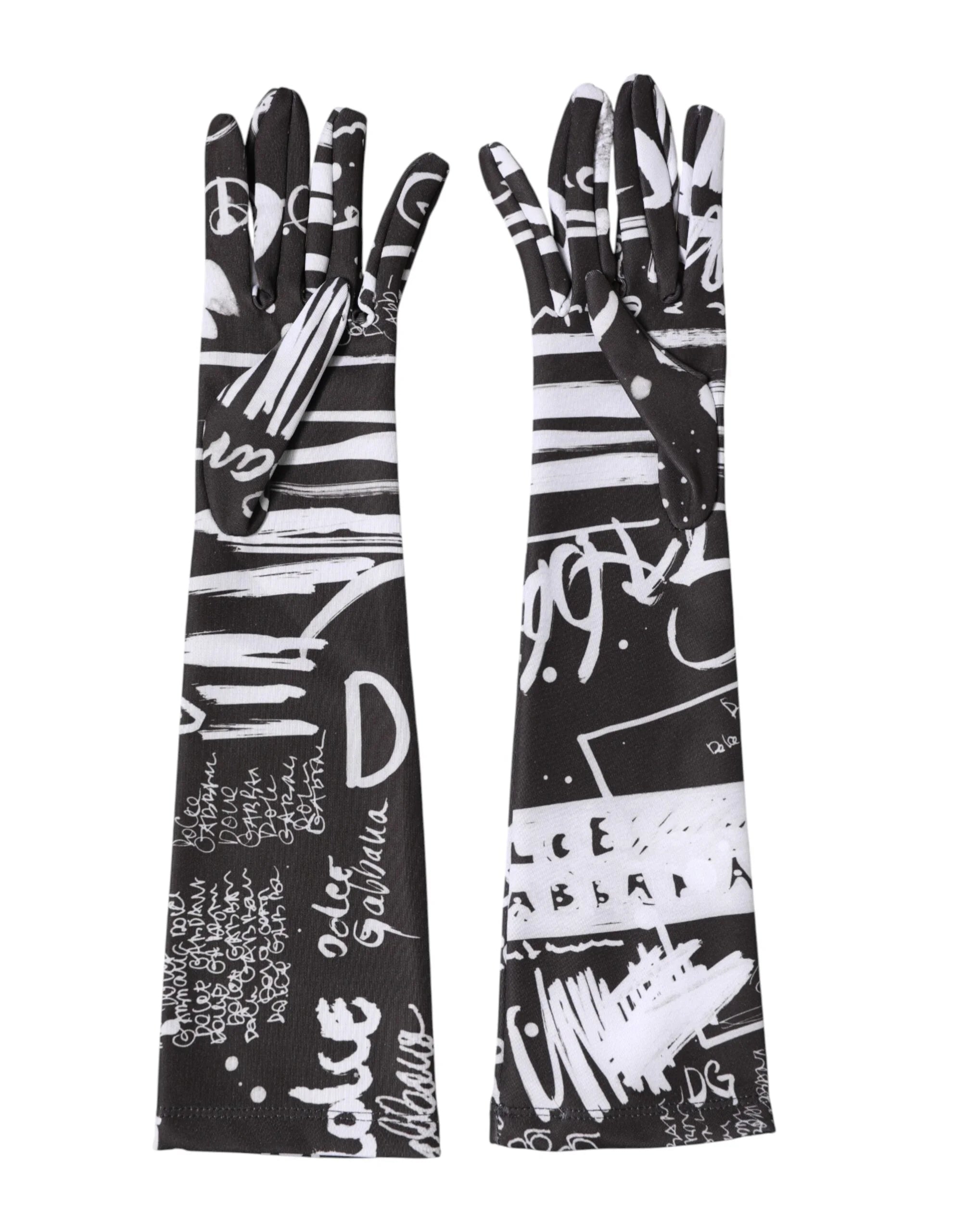 Dolce & Gabbana Black White DG Logo Elbow Length Mitten Gloves - 7|S