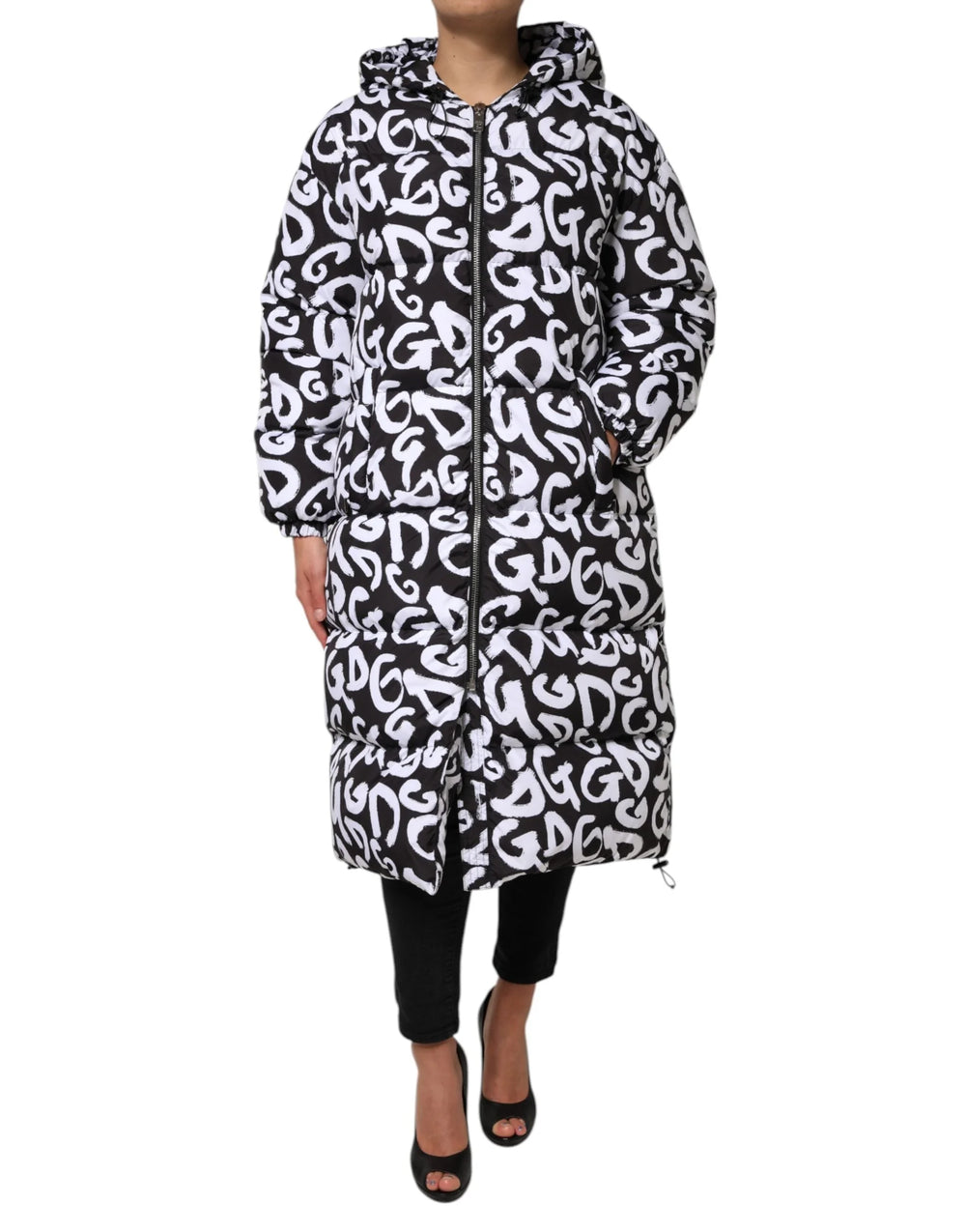 Dolce & Gabbana Black White DG Mania Hooded Long Coat Jacket - IT40|S - Puffer Jackets
