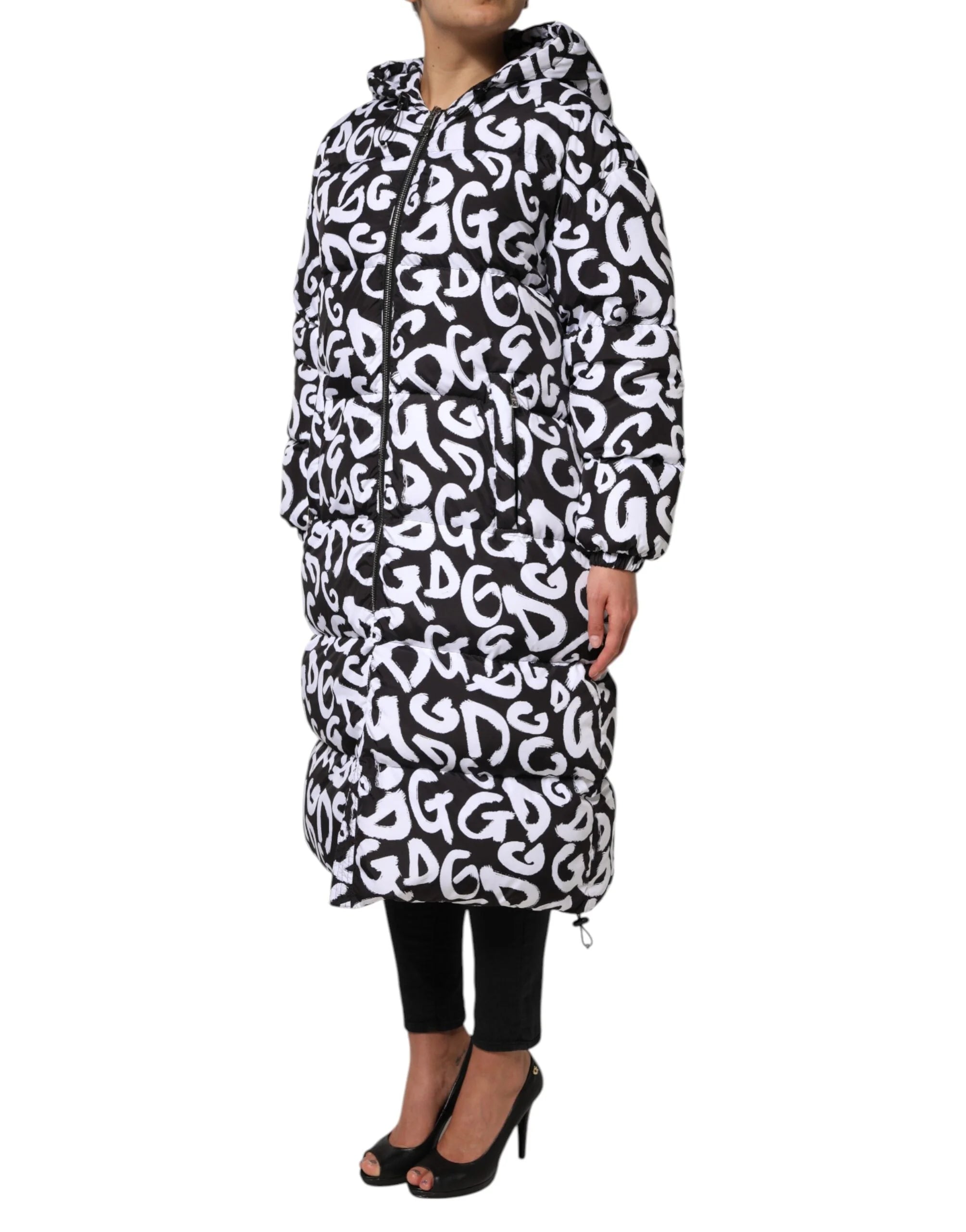 Dolce & Gabbana Black White DG Mania Hooded Long Coat Jacket - IT40|S - Puffer Jackets