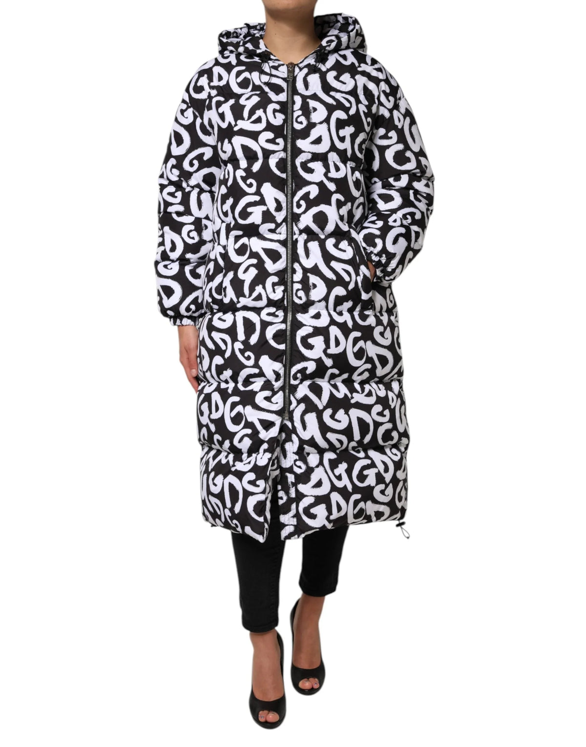 Dolce & Gabbana Black White DG Mania Hooded Long Coat Jacket - IT40|S - Puffer Jackets