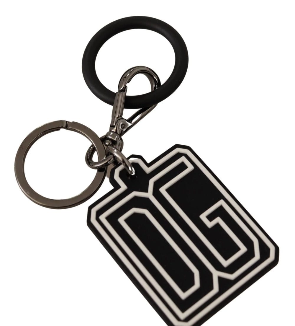 Dolce & Gabbana Black White DG Rubber Logo Silver Ring Keychain - Keychains