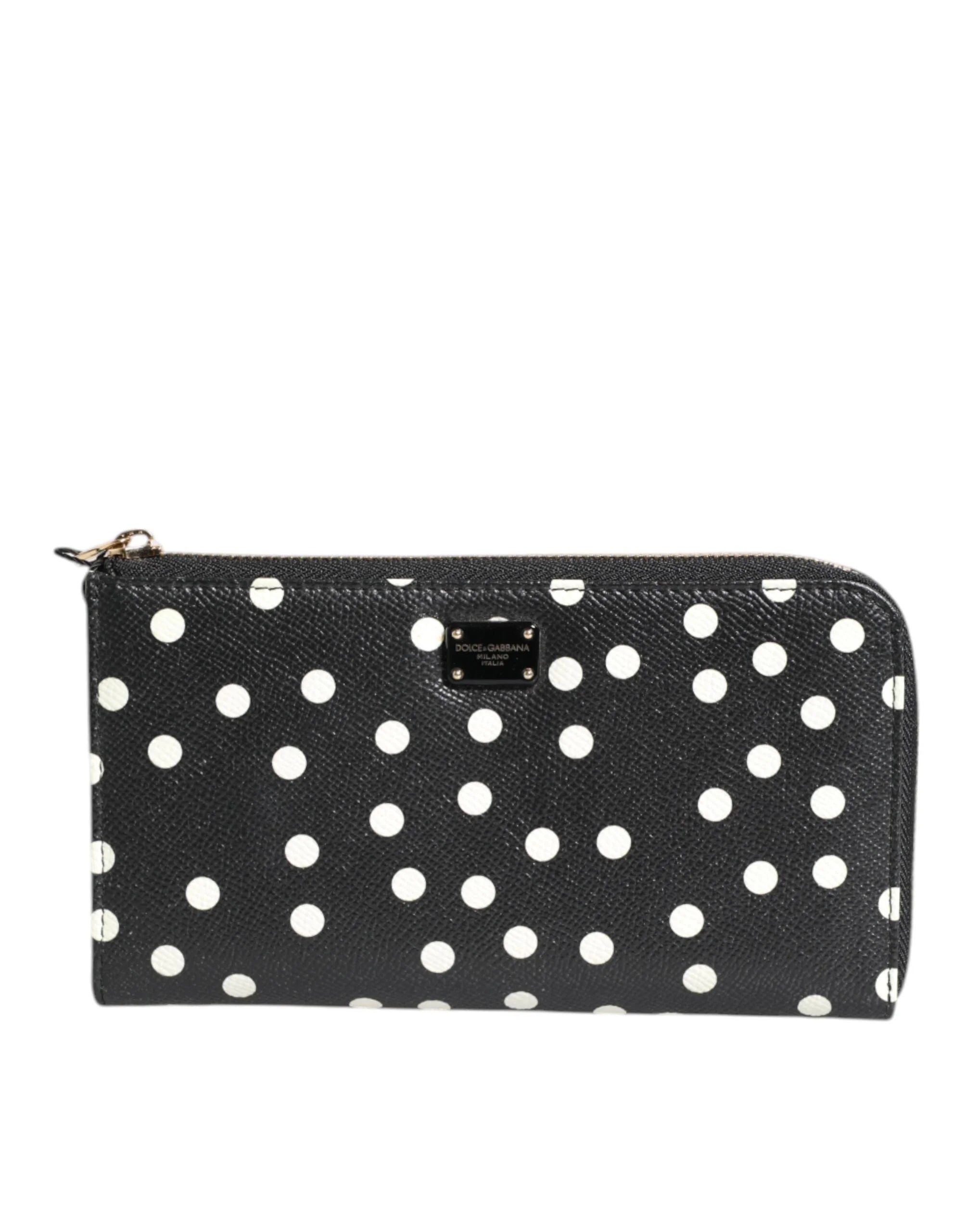 Dolce & Gabbana Black White Dotted Leather Zip Around Continental Wallet - Wallets
