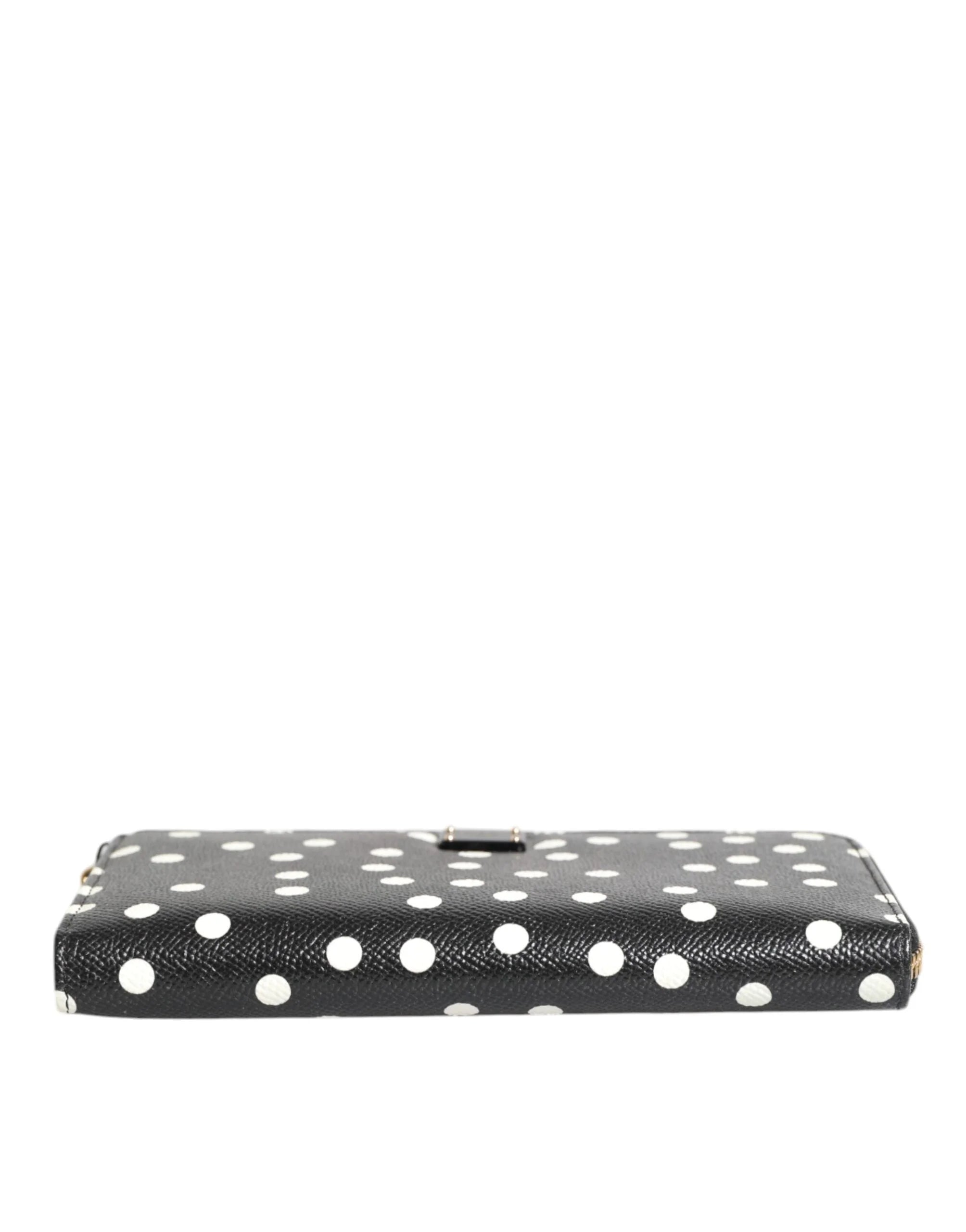 Dolce & Gabbana Black White Dotted Leather Zip Around Continental Wallet - Wallets