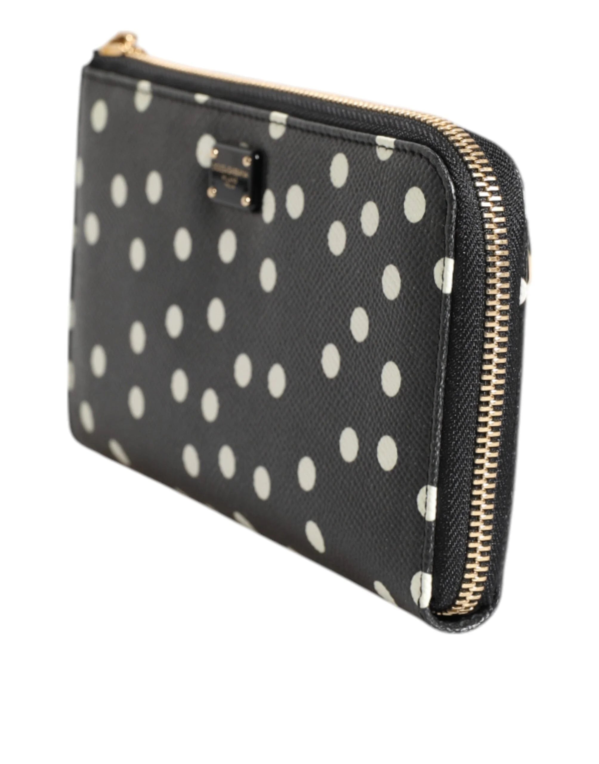 Dolce & Gabbana Black White Dotted Leather Zip Around Continental Wallet - Wallets