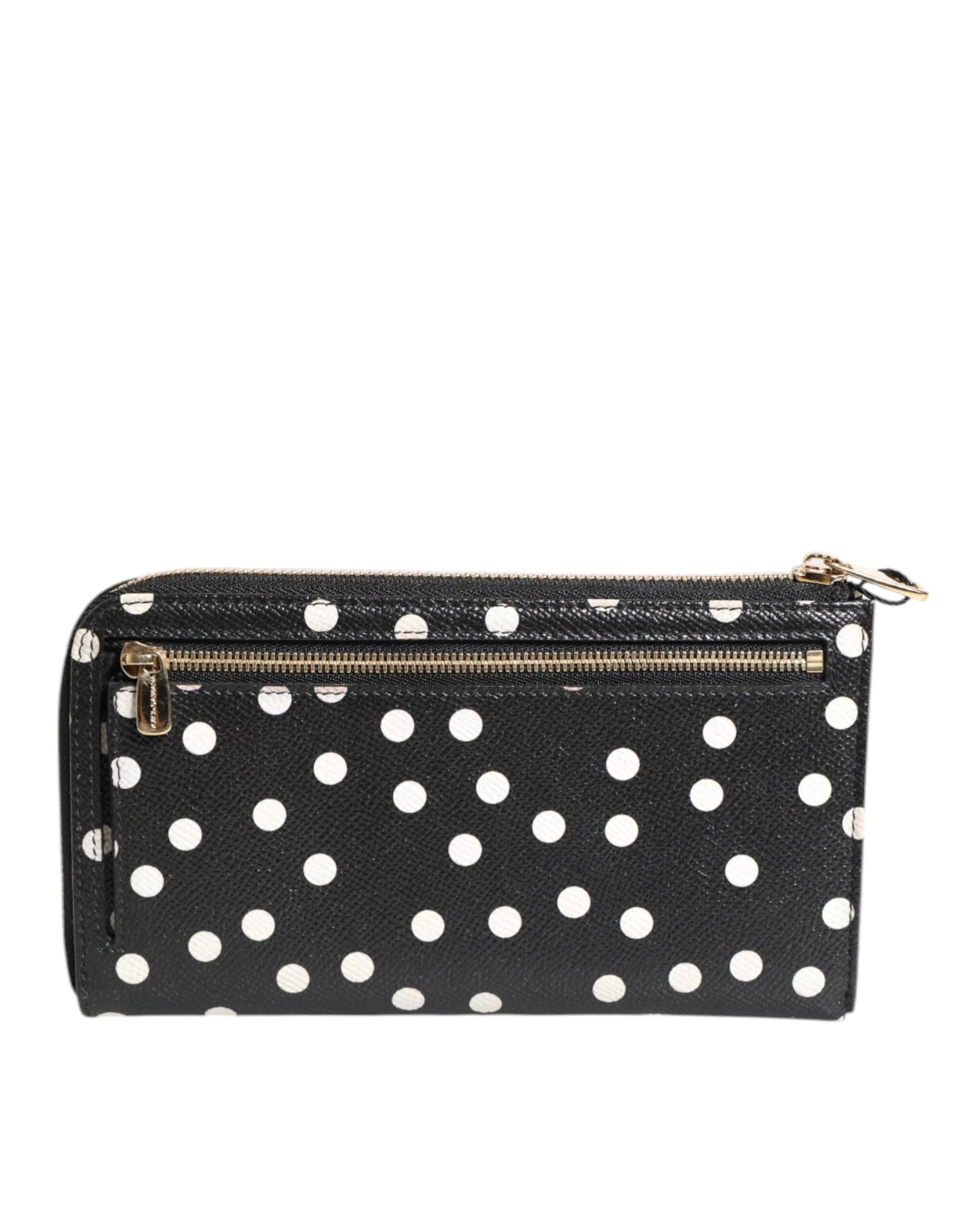 Dolce & Gabbana Black White Dotted Leather Zip Around Continental Wallet - Wallets