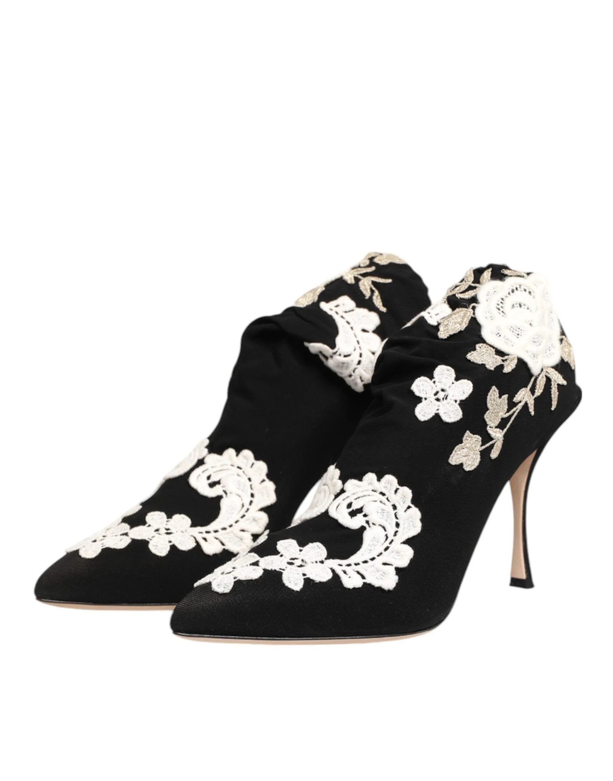 Dolce & Gabbana Black White Embroidered Jersey Stiletto Boots Shoes - Boots