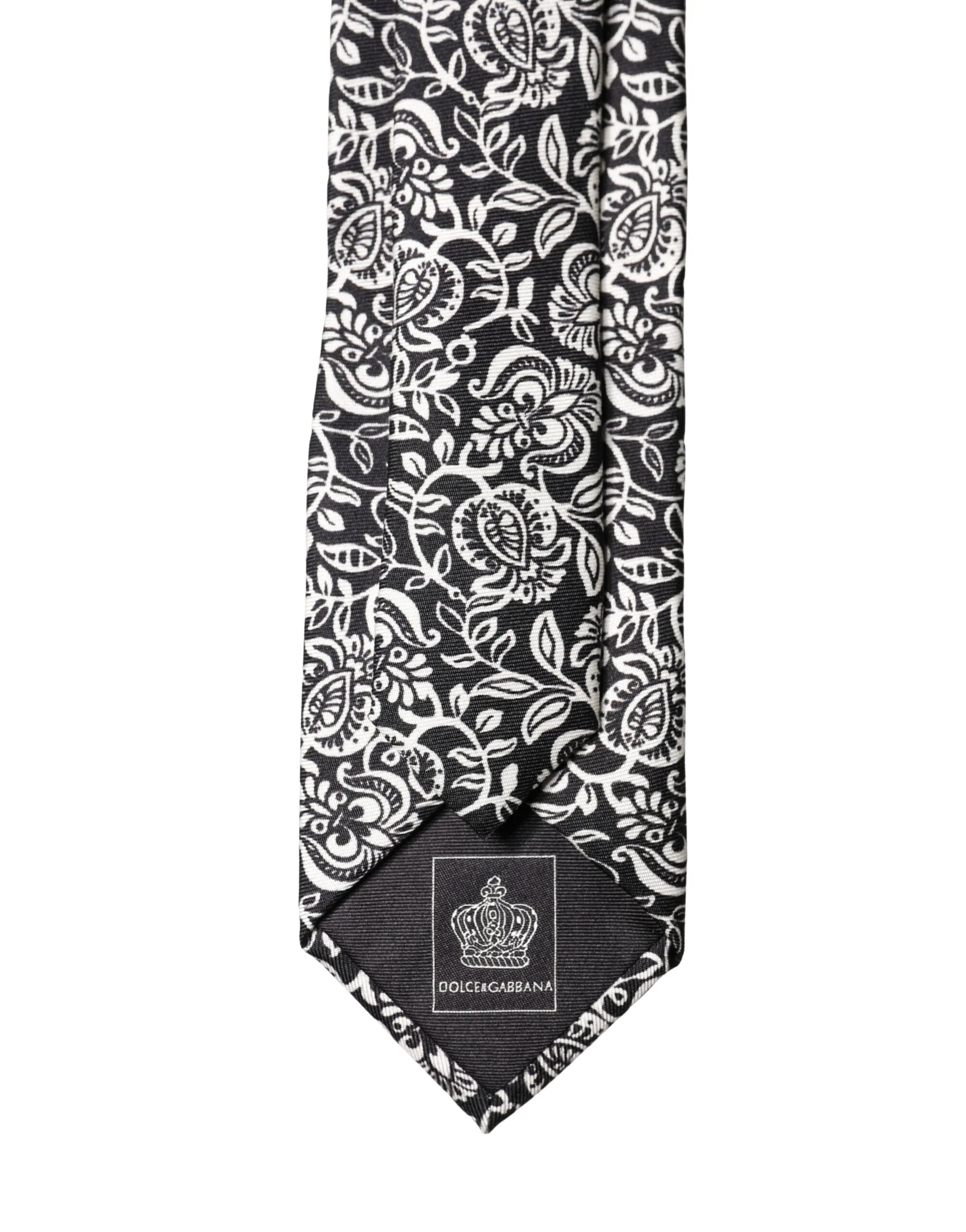 Dolce & Gabbana Black White Floral Fantasy Silk Adjustable Necktie Tie