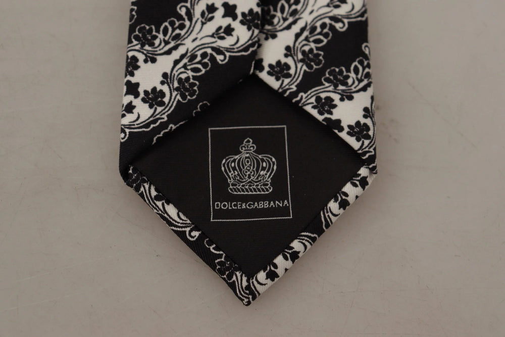 Dolce & Gabbana Black White Flower 100% Silk Print Adjustable Accessory Tie - Neckties