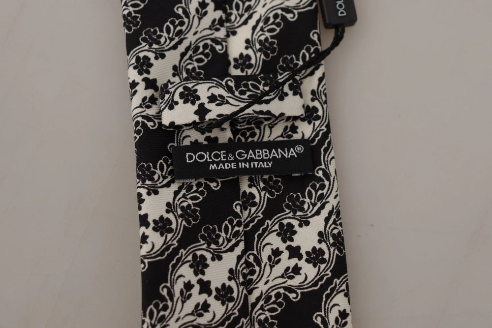 Dolce & Gabbana Black White Flower 100% Silk Print Adjustable Accessory Tie - Neckties