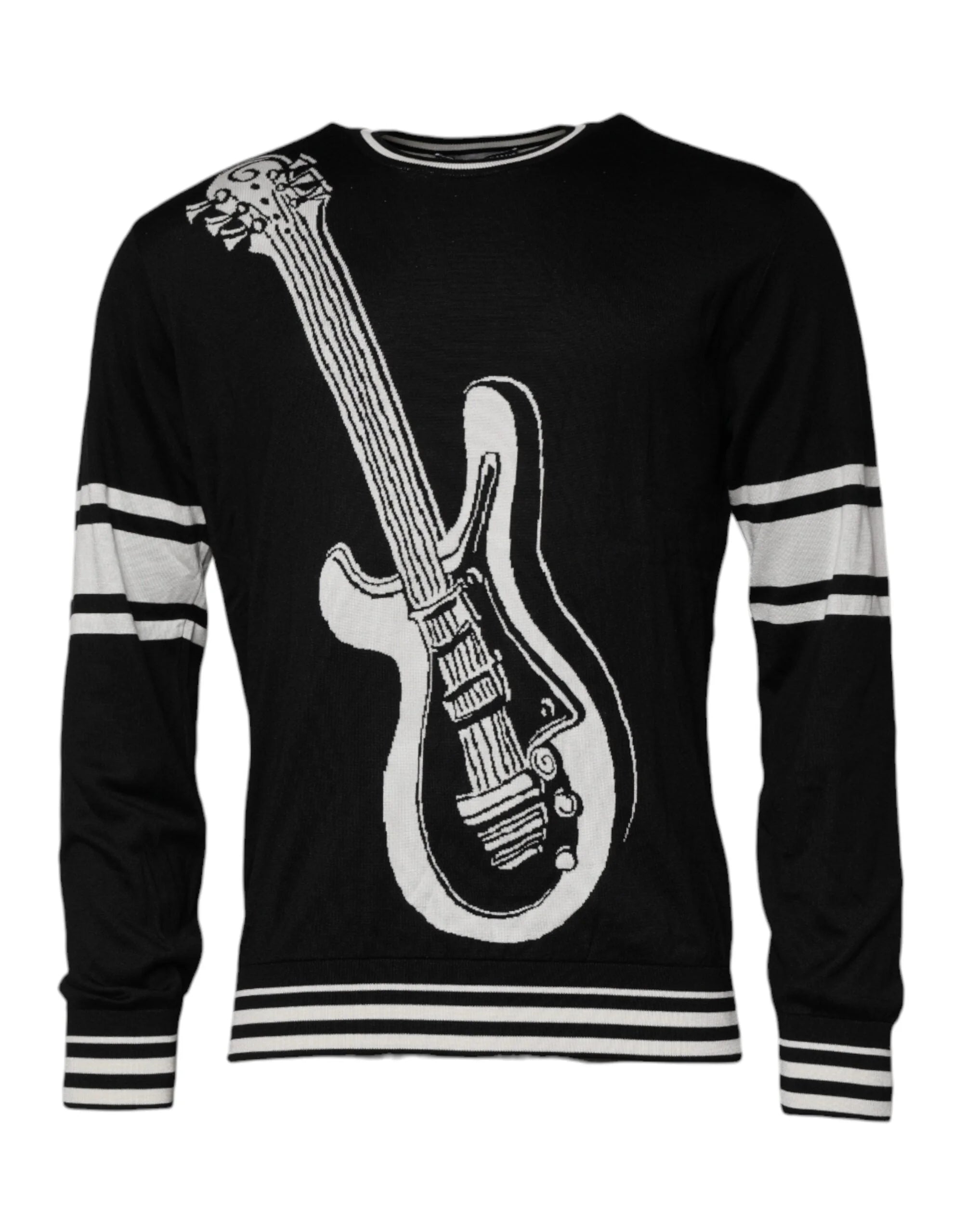 Dolce & Gabbana Black White Guitar Silk Crew Neck Sweater - IT48 | M - Sweaters