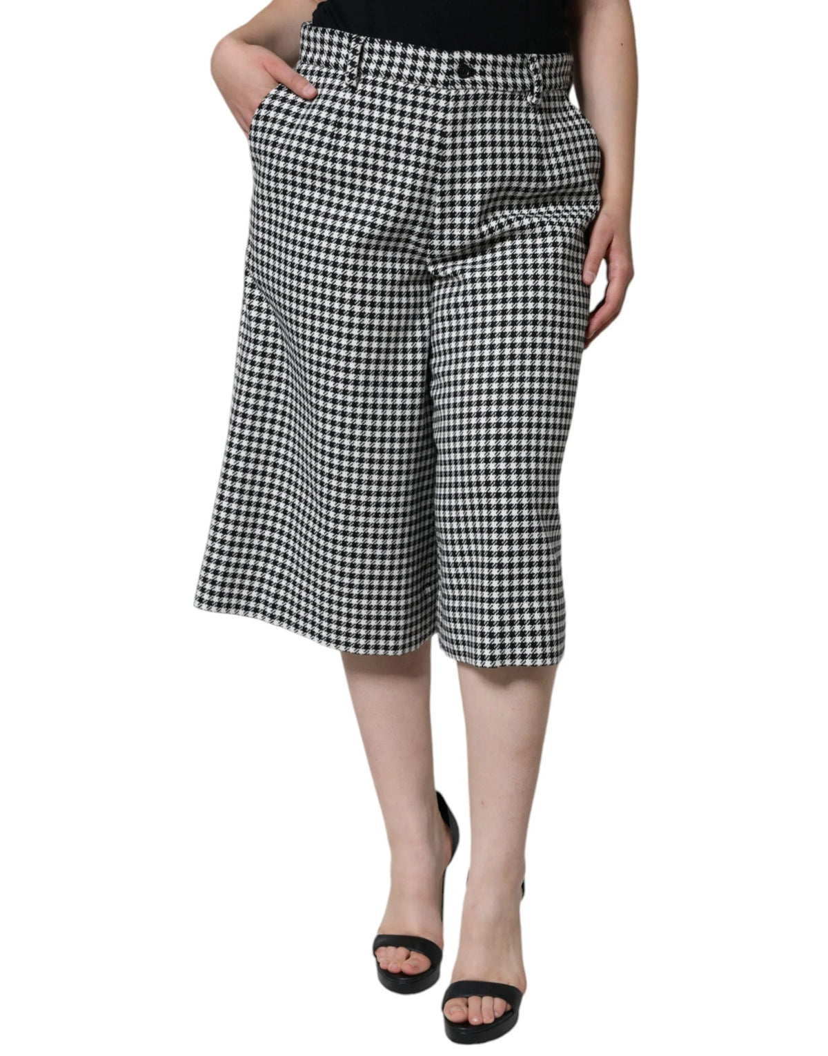Dolce & Gabbana Black White Houndstooth Cropped Wide Leg Pants - IT48|XXL - Trousers