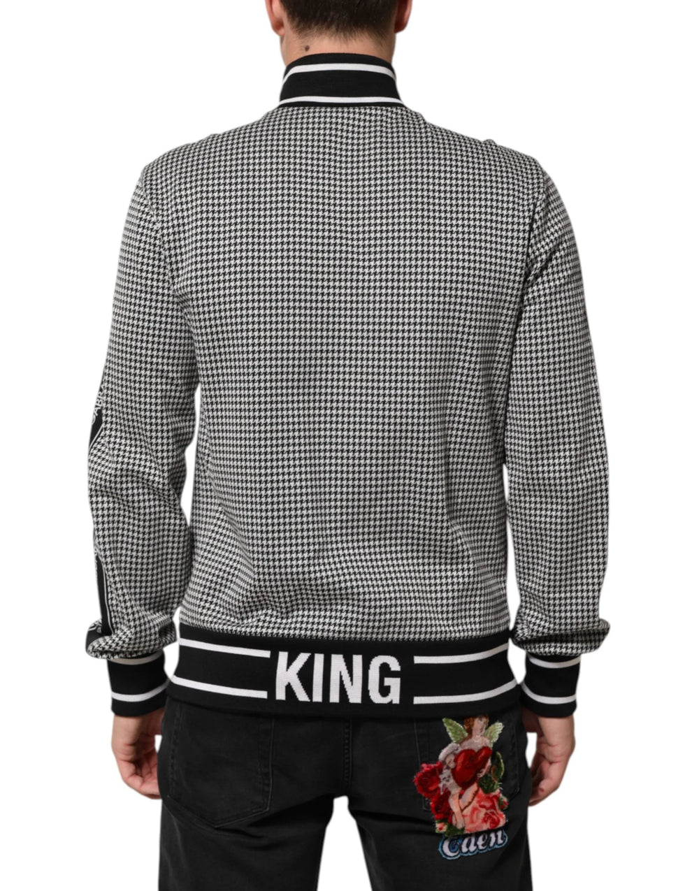 Dolce & Gabbana Black White Houndstooth Wool Crest Jacket Sweater - IT48 | M - Bomber Jackets