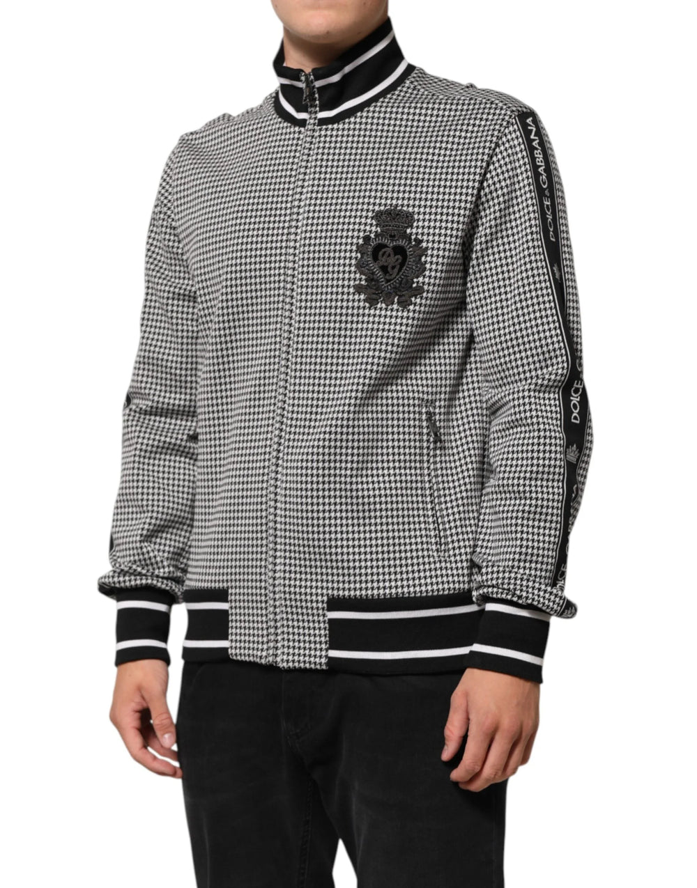 Dolce & Gabbana Black White Houndstooth Wool Crest Jacket Sweater - IT48 | M - Bomber Jackets