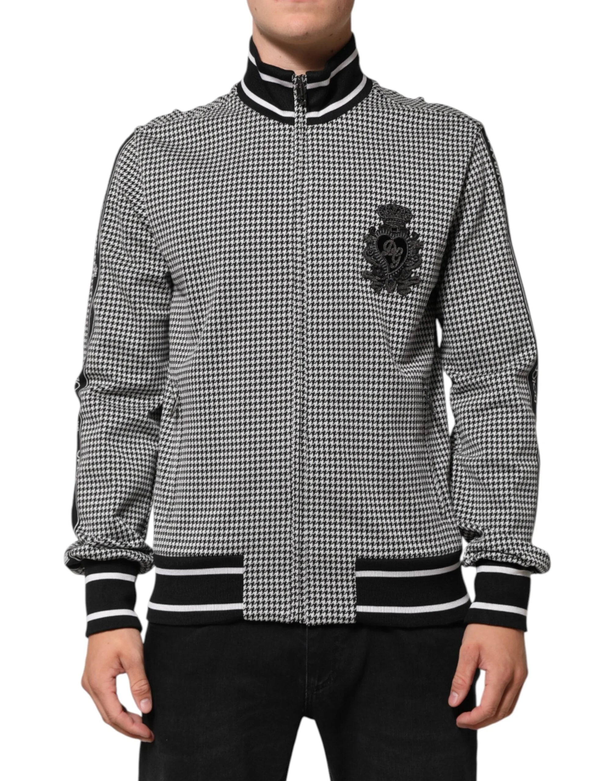 Dolce & Gabbana Black White Houndstooth Wool Crest Jacket Sweater - IT48 | M - Bomber Jackets
