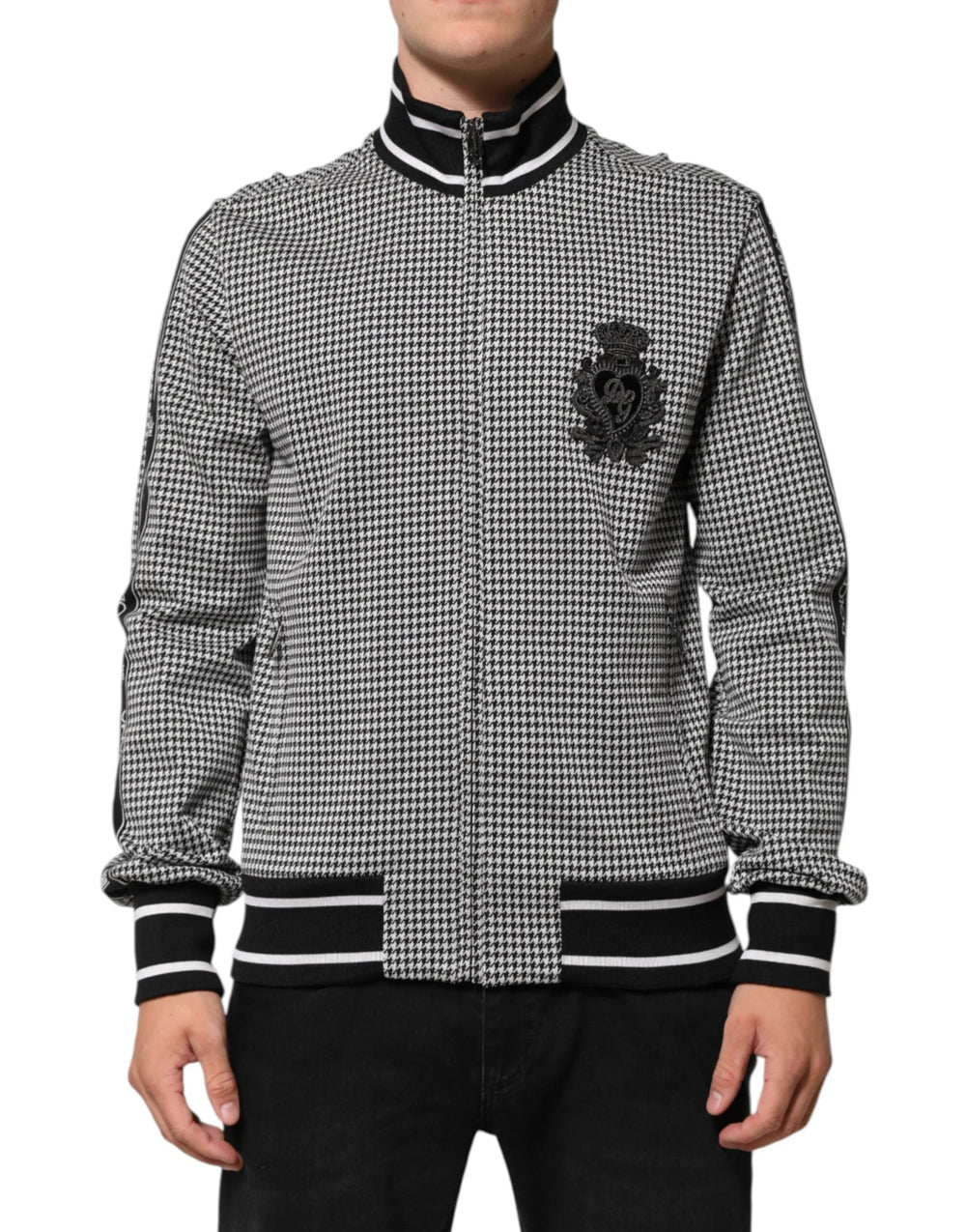 Dolce & Gabbana Black White Houndstooth Wool Crest Jacket Sweater - IT48 | M - Bomber Jackets