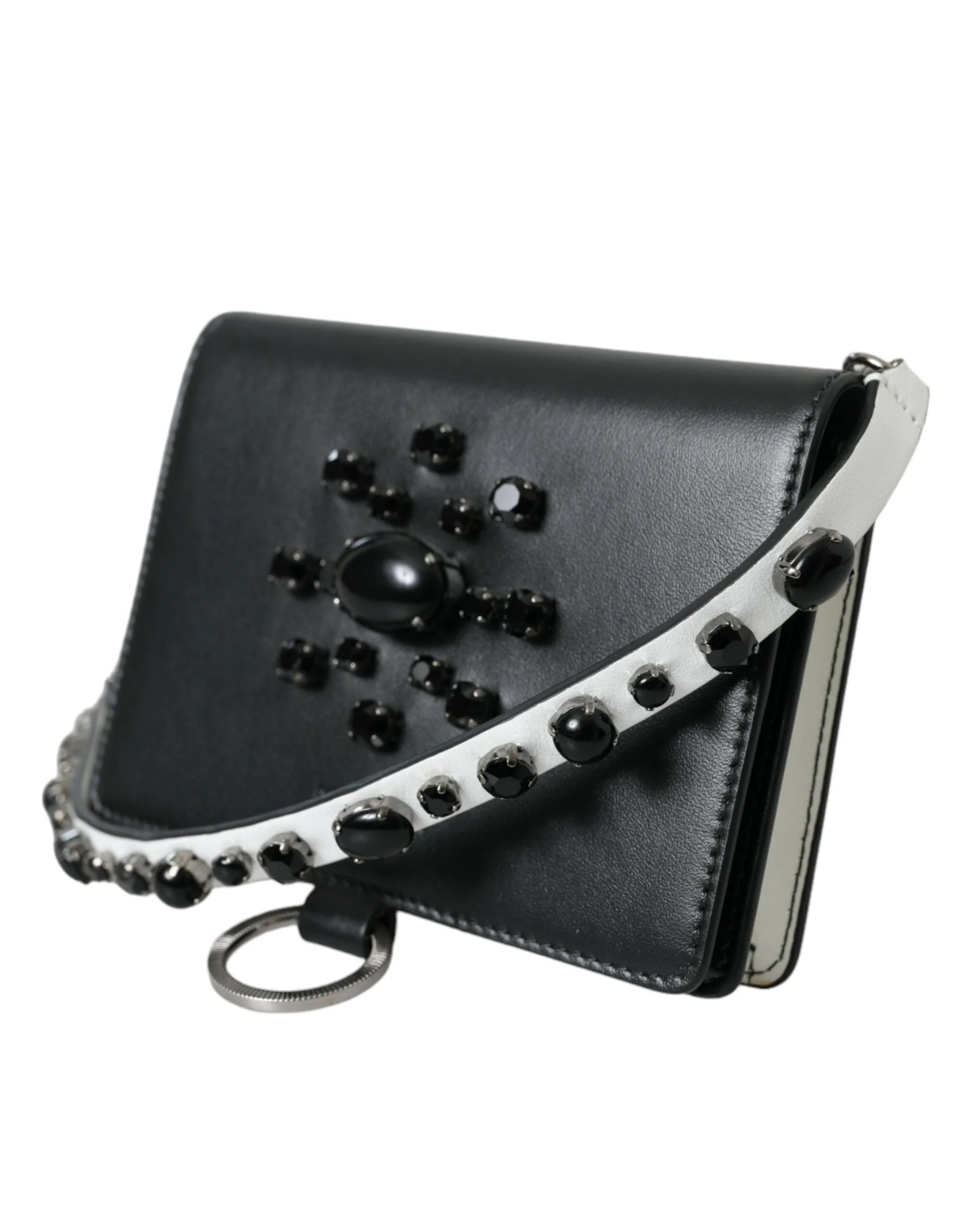 Dolce & Gabbana Black White Leather Crystal Embellished Cardholder Wallet - Card Cases