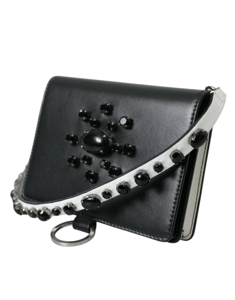 Dolce & Gabbana Black White Leather Crystal Embellished Cardholder Wallet - Card Cases