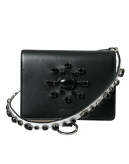 Dolce & Gabbana Black White Leather Crystal Embellished Cardholder Wallet - Card Cases