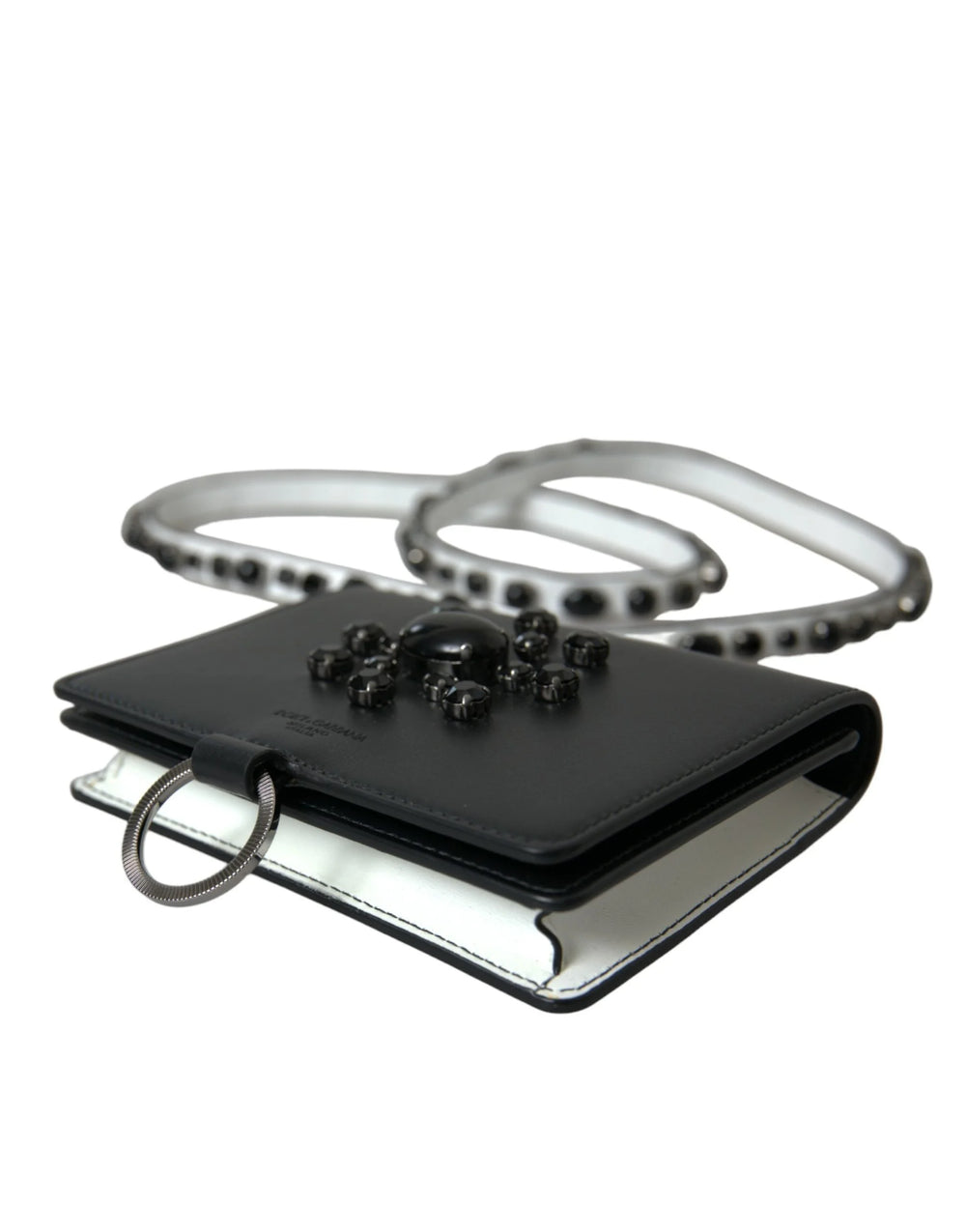 Dolce & Gabbana Black White Leather Crystal Embellished Cardholder Wallet - Card Cases