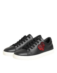 Dolce & Gabbana Black White Leather Crystal Heart Sneakers Shoes - EU39/US8.5 - Sneakers