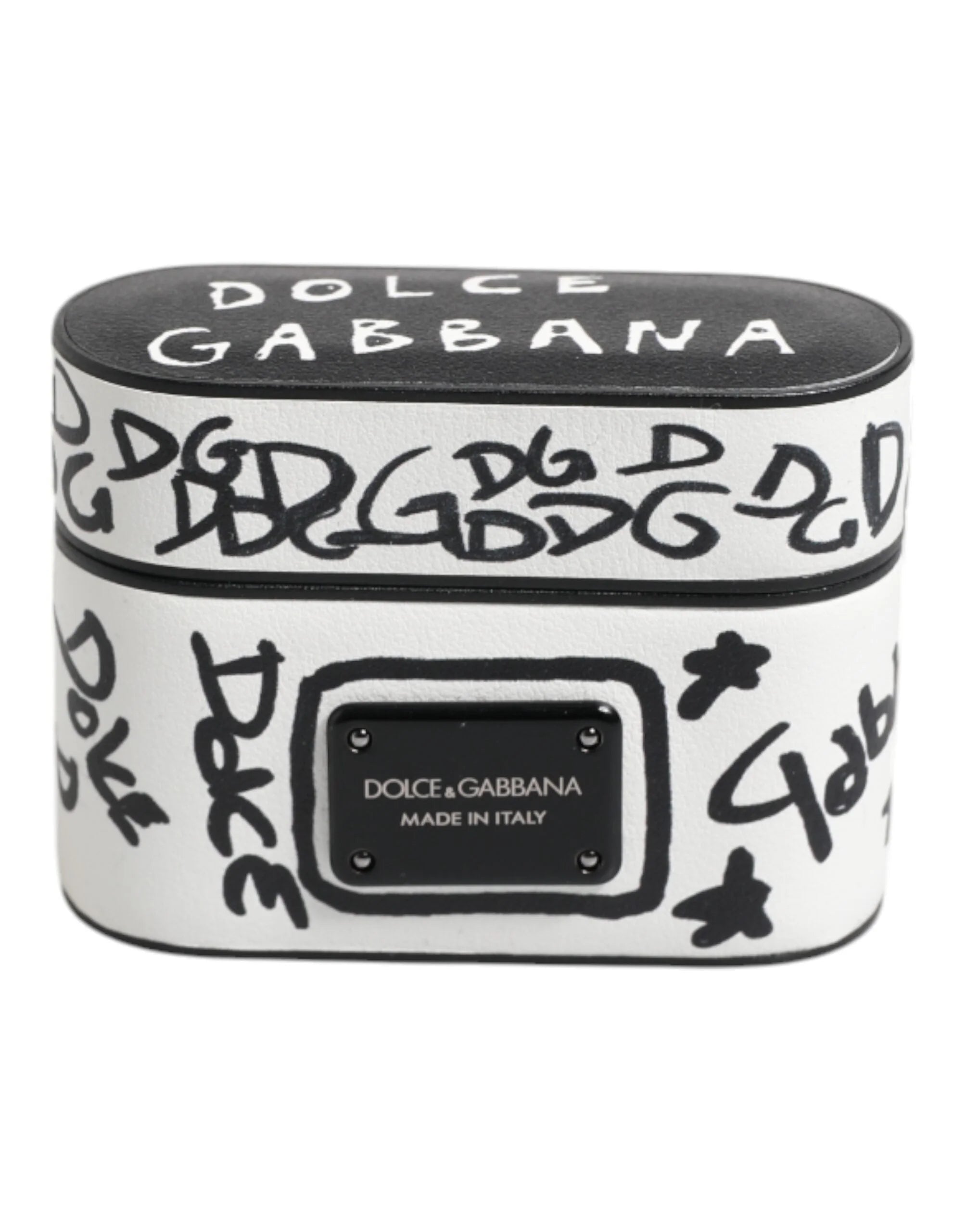 Dolce & Gabbana Black White Leather Scribble Embossed Logo Airpods Case - Headphone Carrying Cases