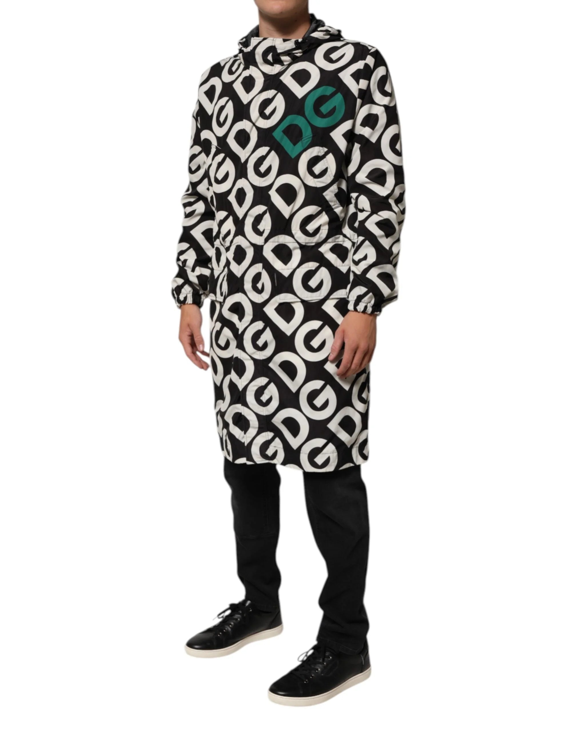 Dolce & Gabbana Black White Logo Print Hooded Coat Men Jacket - Parkas