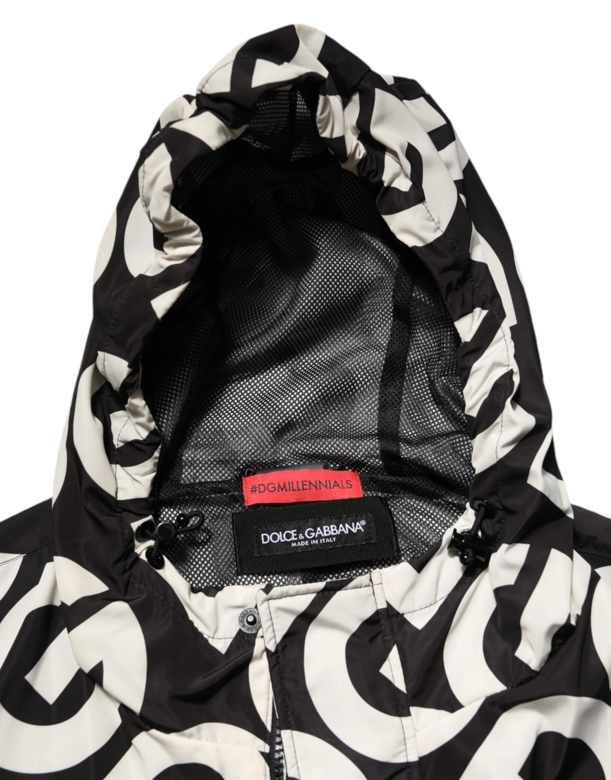 Dolce & Gabbana Black White Logo Print Hooded Coat Men Jacket - Parkas