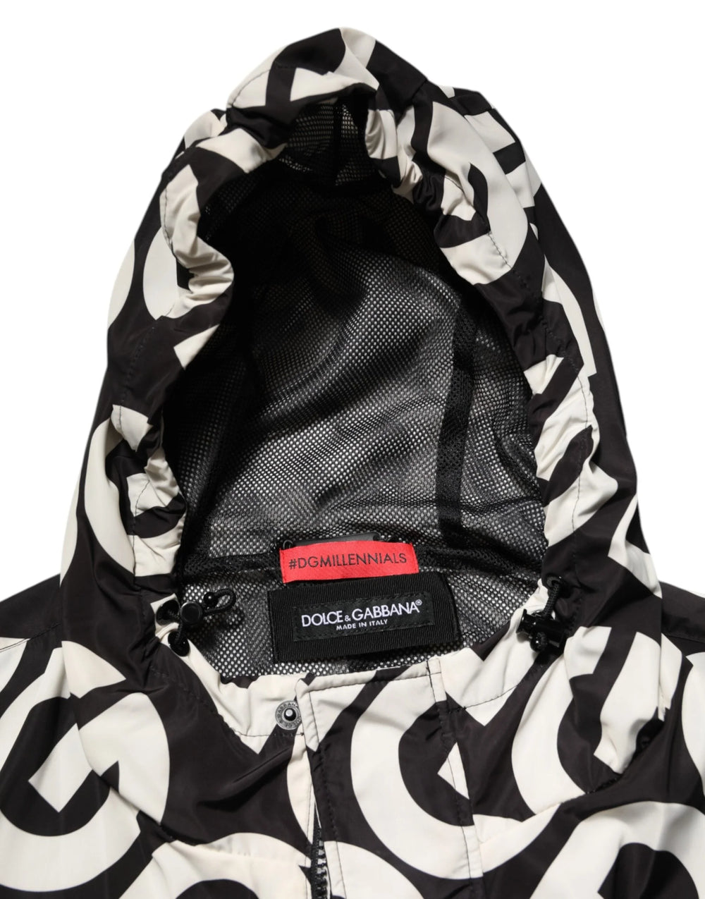 Dolce & Gabbana Black White Logo Print Hooded Coat Men Jacket - Parkas
