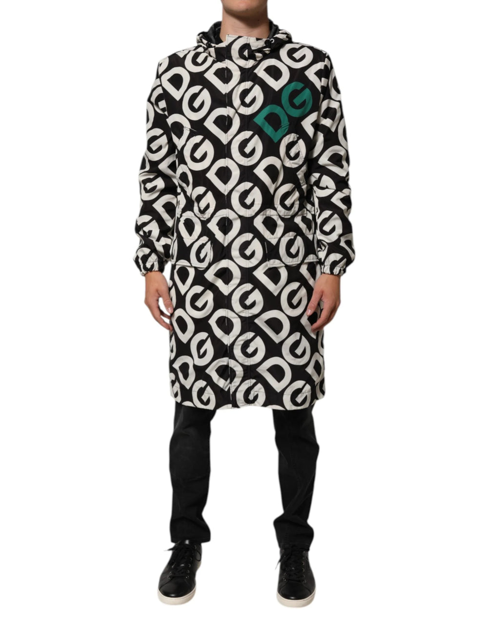 Dolce & Gabbana Black White Logo Print Hooded Coat Men Jacket - Parkas