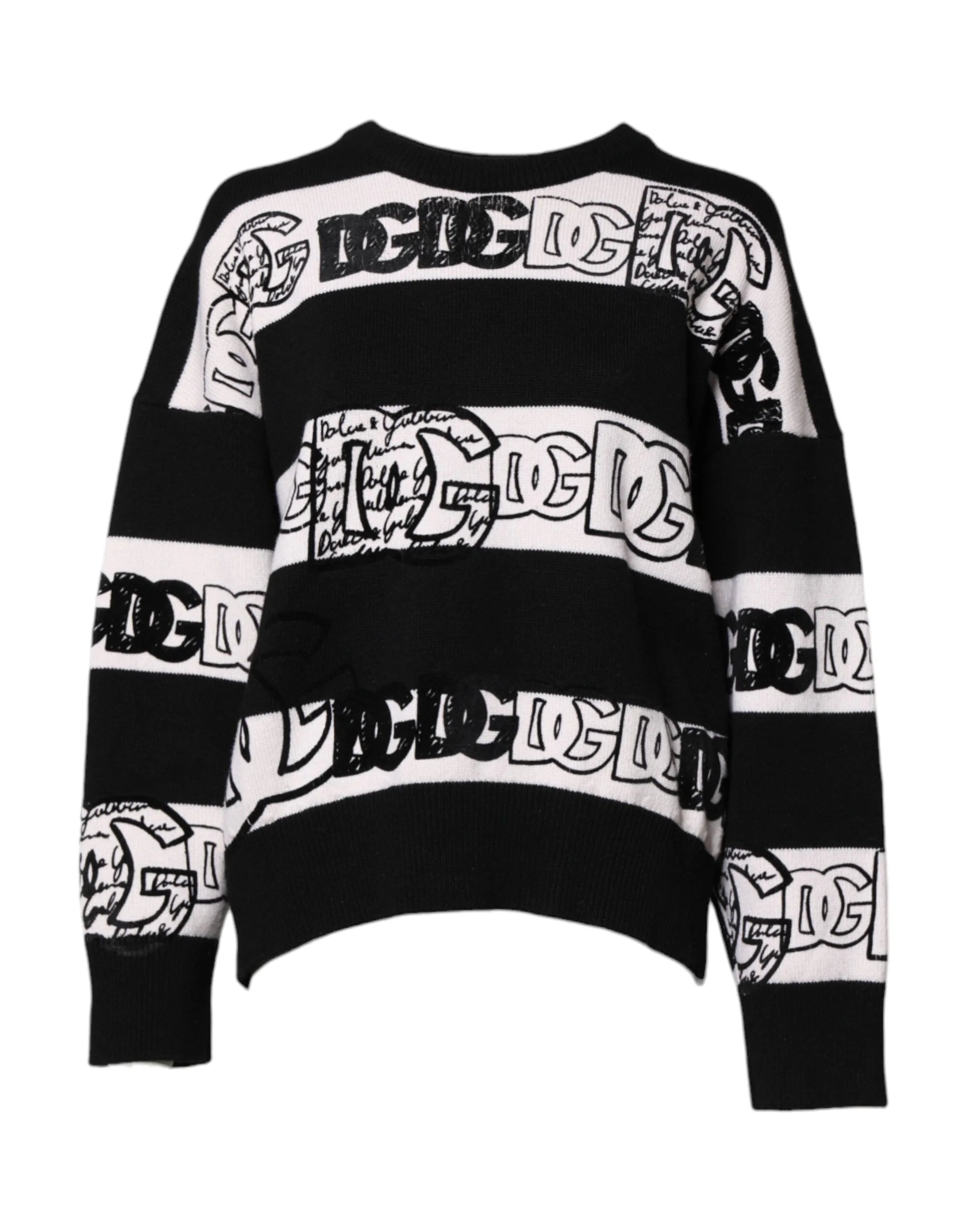 Dolce & Gabbana Black White Logo Print Wool Pullover Sweater - IT40|S - Sweaters