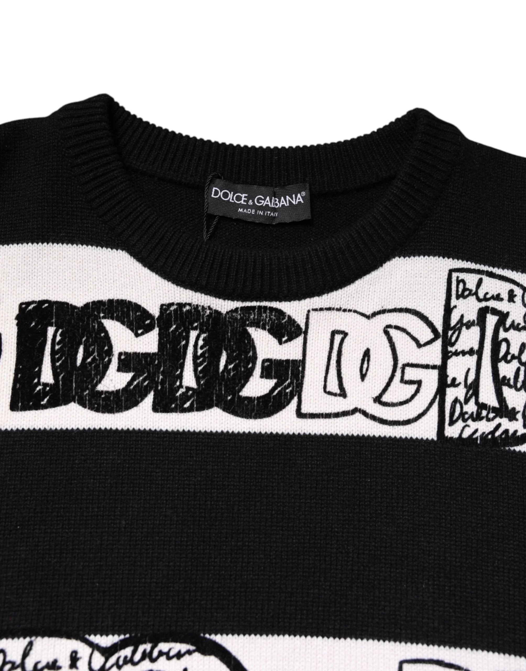 Dolce & Gabbana Black White Logo Print Wool Pullover Sweater - IT40|S - Sweaters