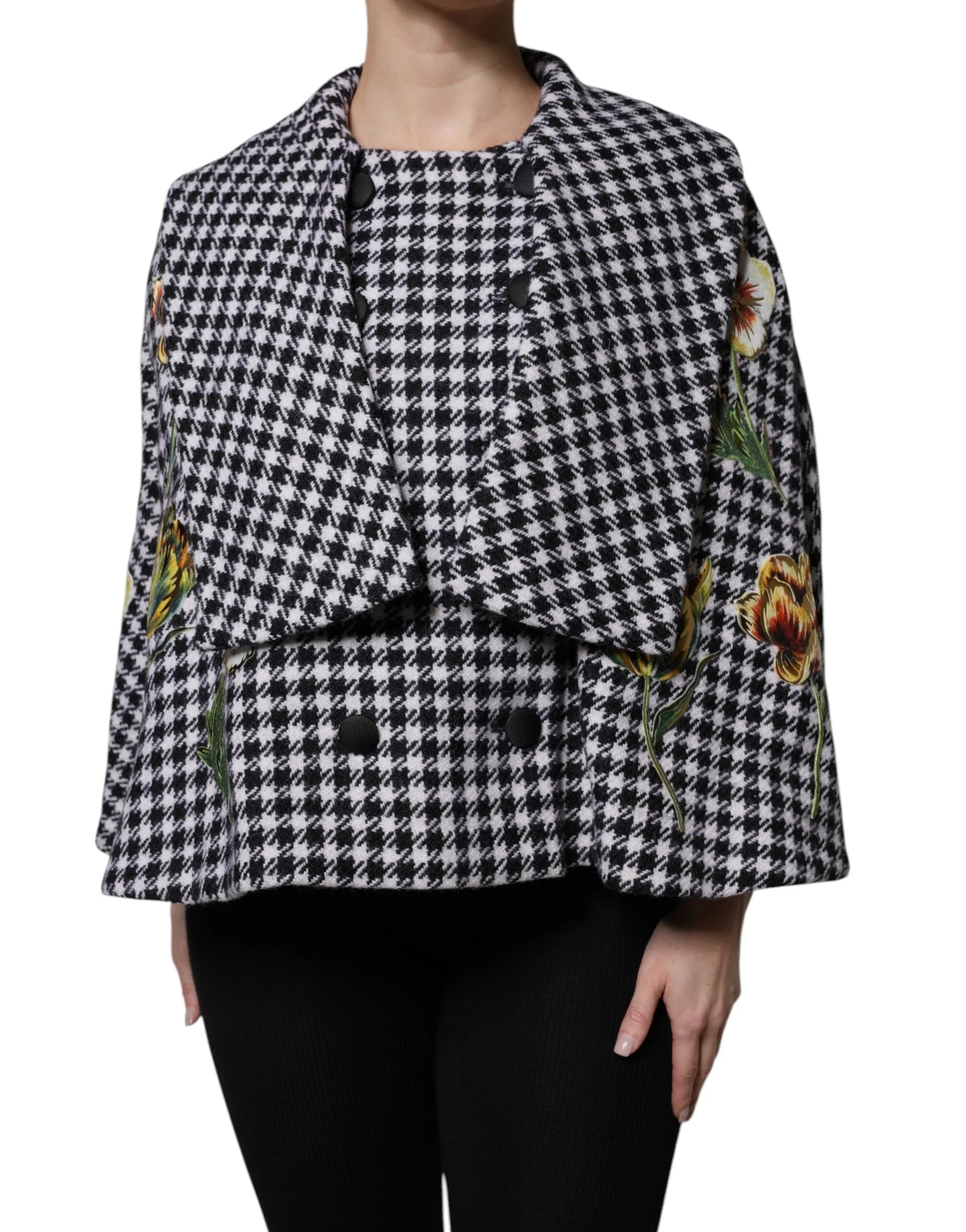 Dolce & Gabbana Black White Monochrome Patterned Floral Cape Jacket - Capes
