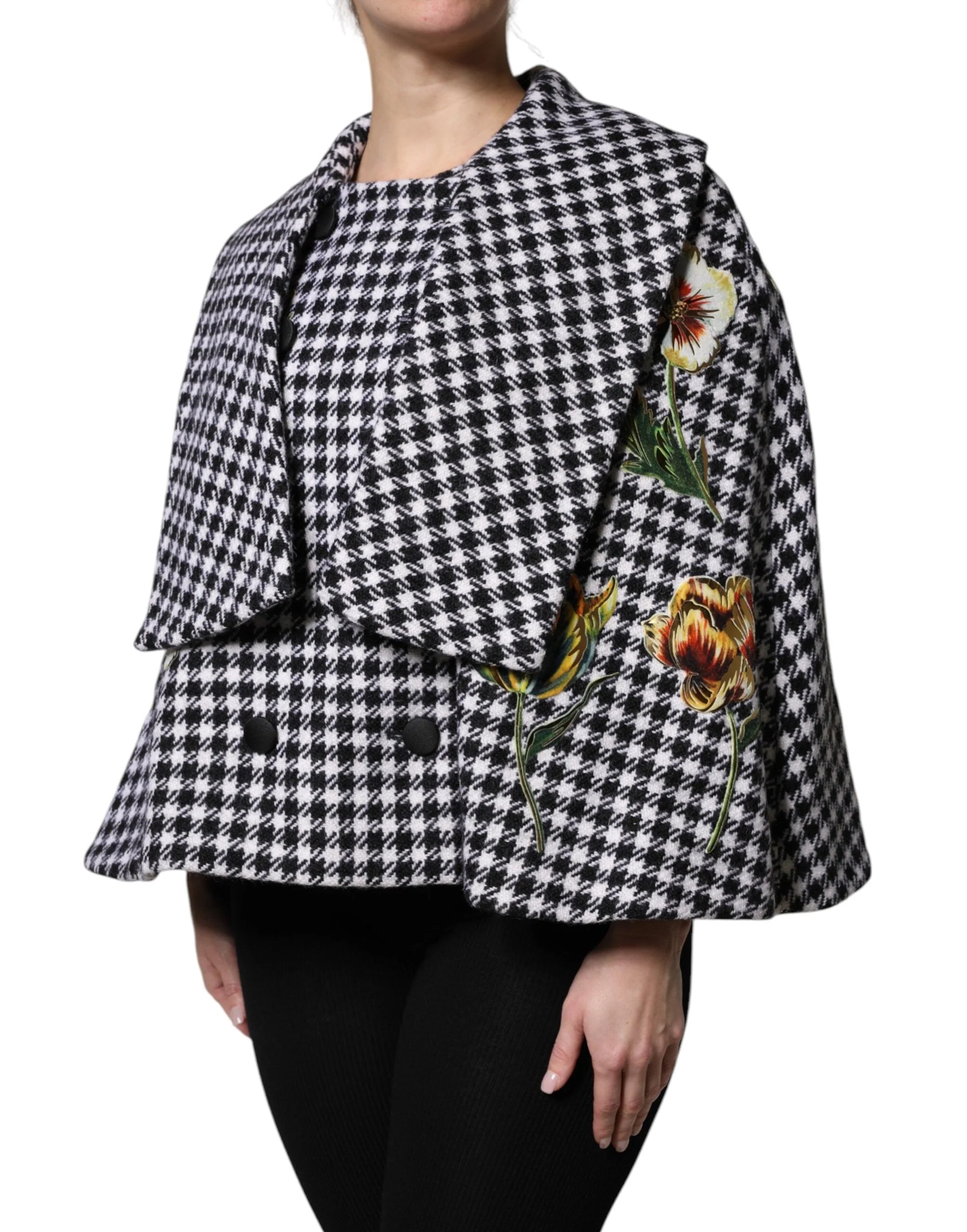 Dolce & Gabbana Black White Monochrome Patterned Floral Cape Jacket - Capes