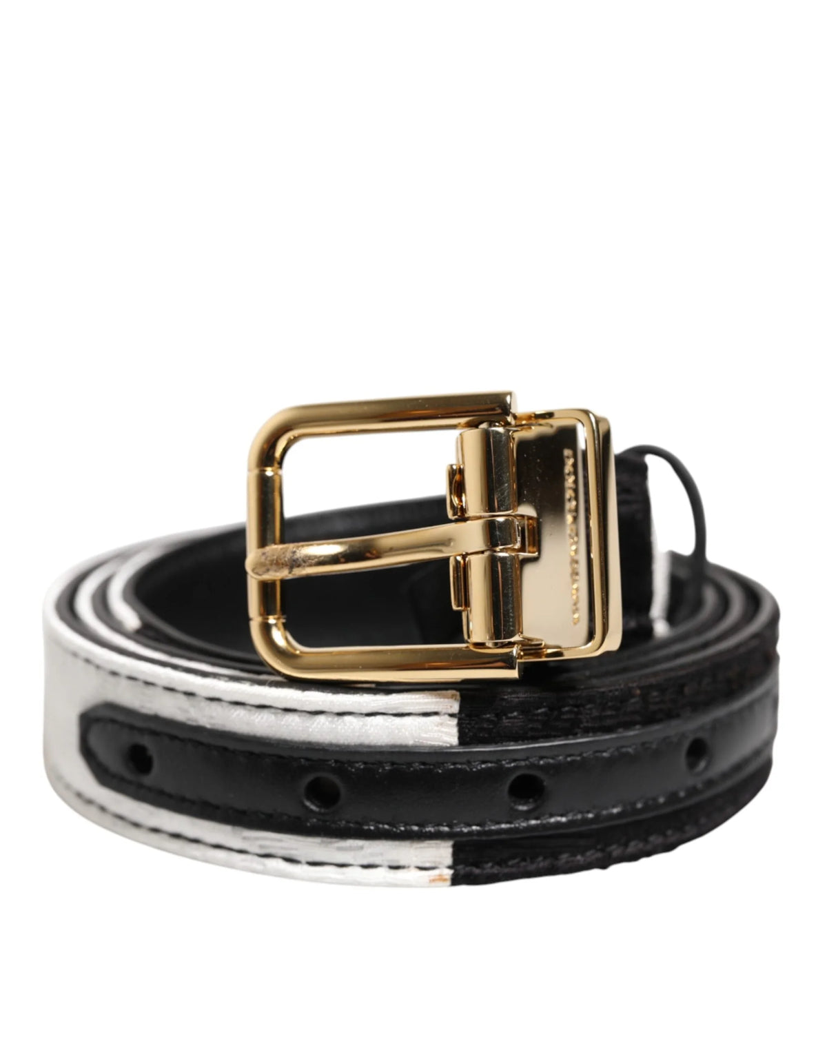 Dolce & Gabbana Black White Patchwork Gold Metal Buckle Belt - Belts
