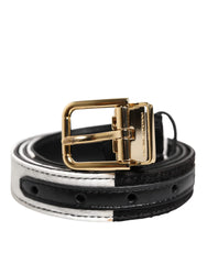 Dolce & Gabbana Black White Patchwork Gold Metal Buckle Belt - Belts
